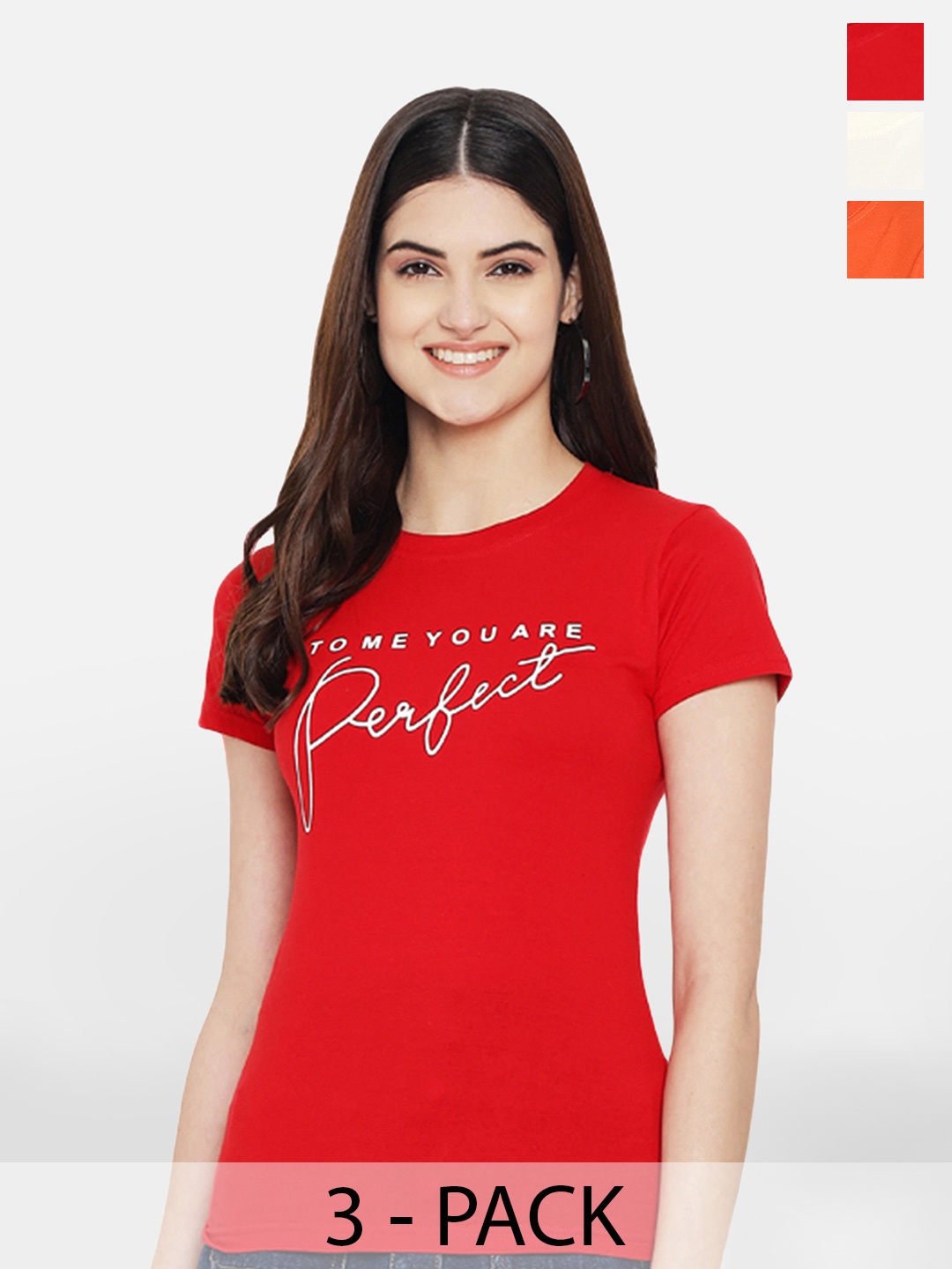 

Fabflee Pack Of 3 Typography Printed Cotton Casual T-shirt, Red
