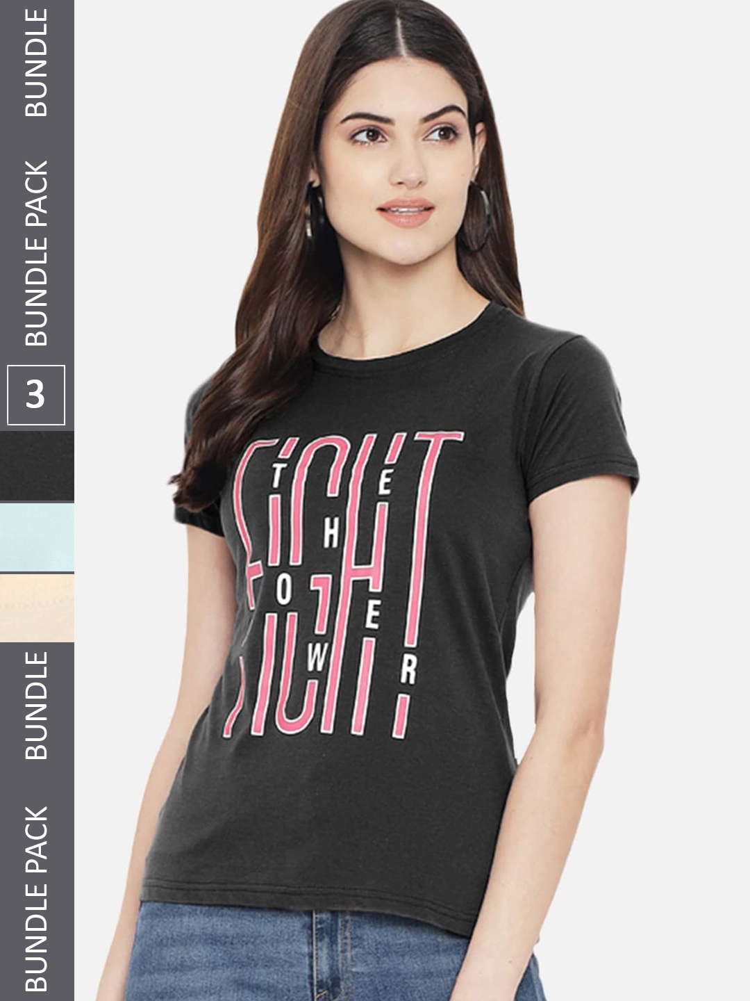 

Fabflee Pack Of 3 Typography Printed Regular Fit Cotton T-shirt, Black