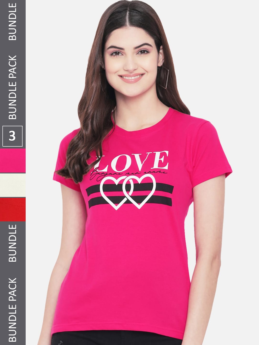 

Fabflee Pack Of 3 Typography Printed Cotton T- Shirts, Pink