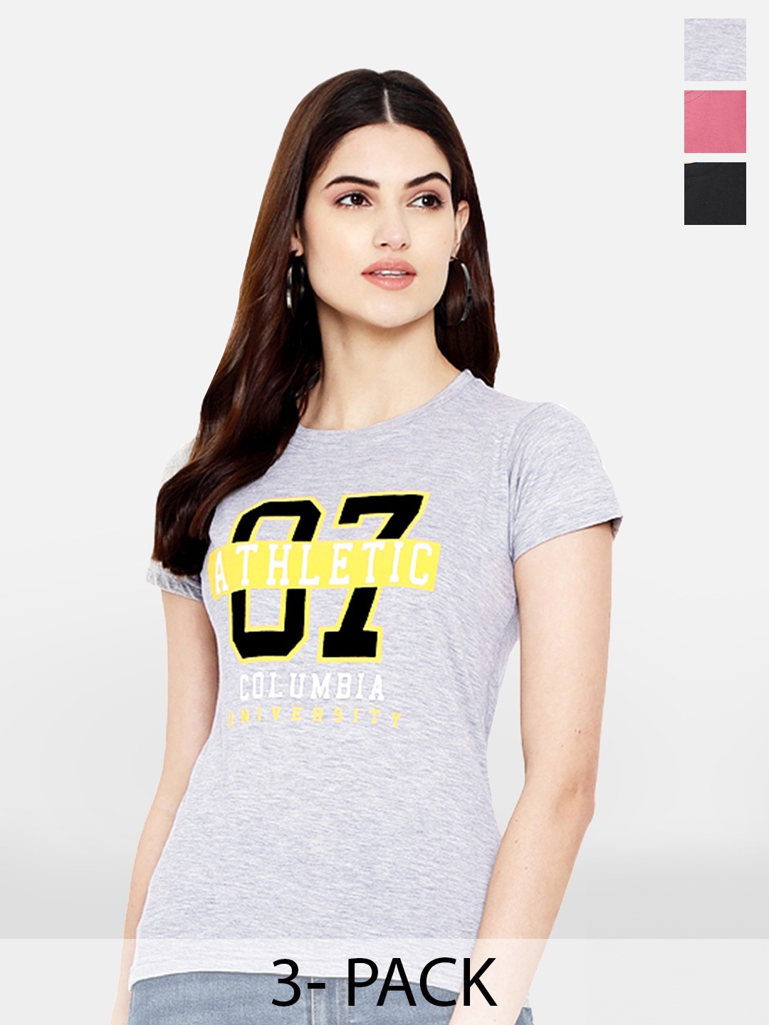 Fabflee Pack Of 3 Typography Printed Cotton T-Shirt, Grey