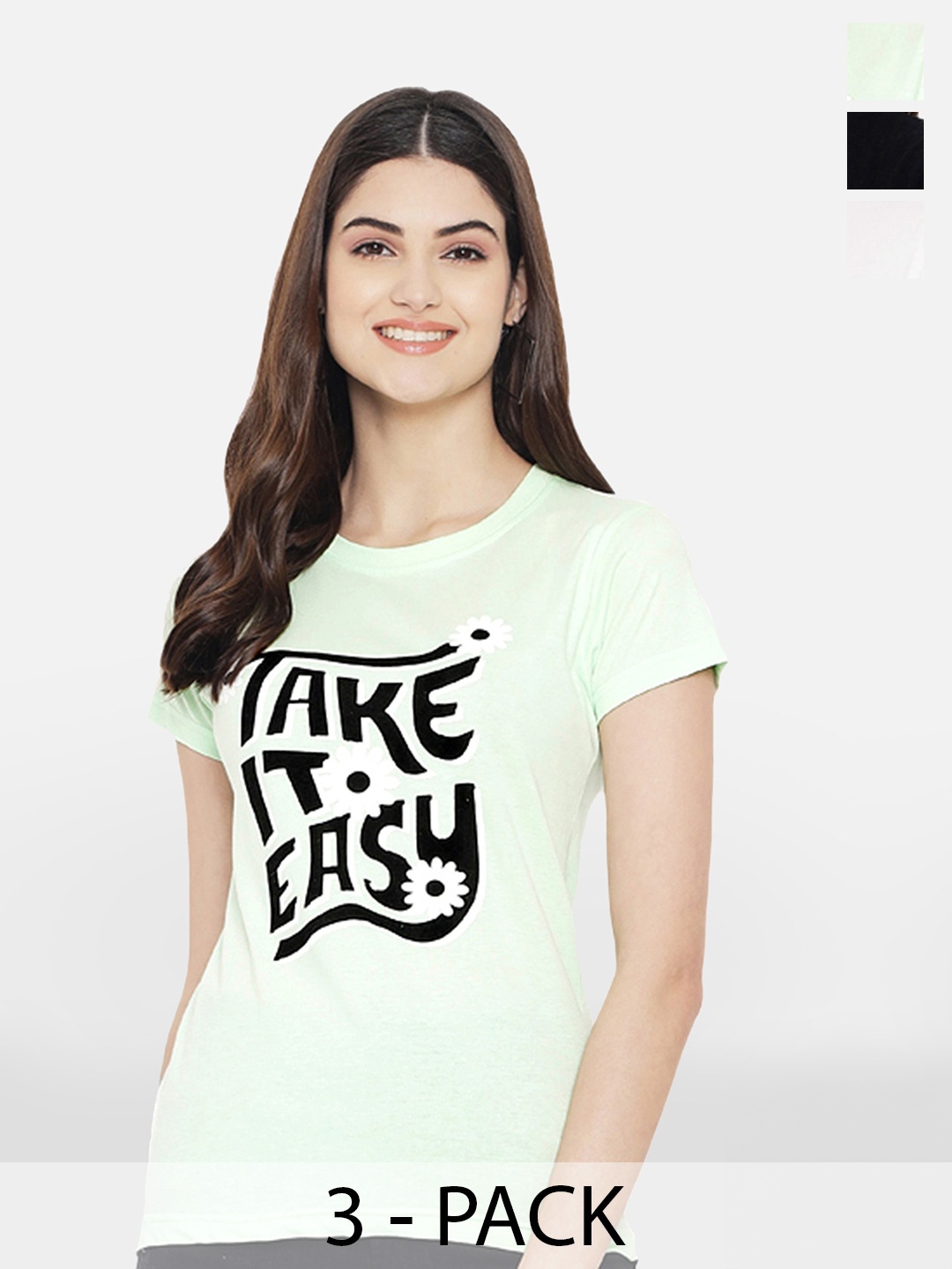 

Fabflee Pack Of 3 Typography Printed Cotton T-Shirt, Green