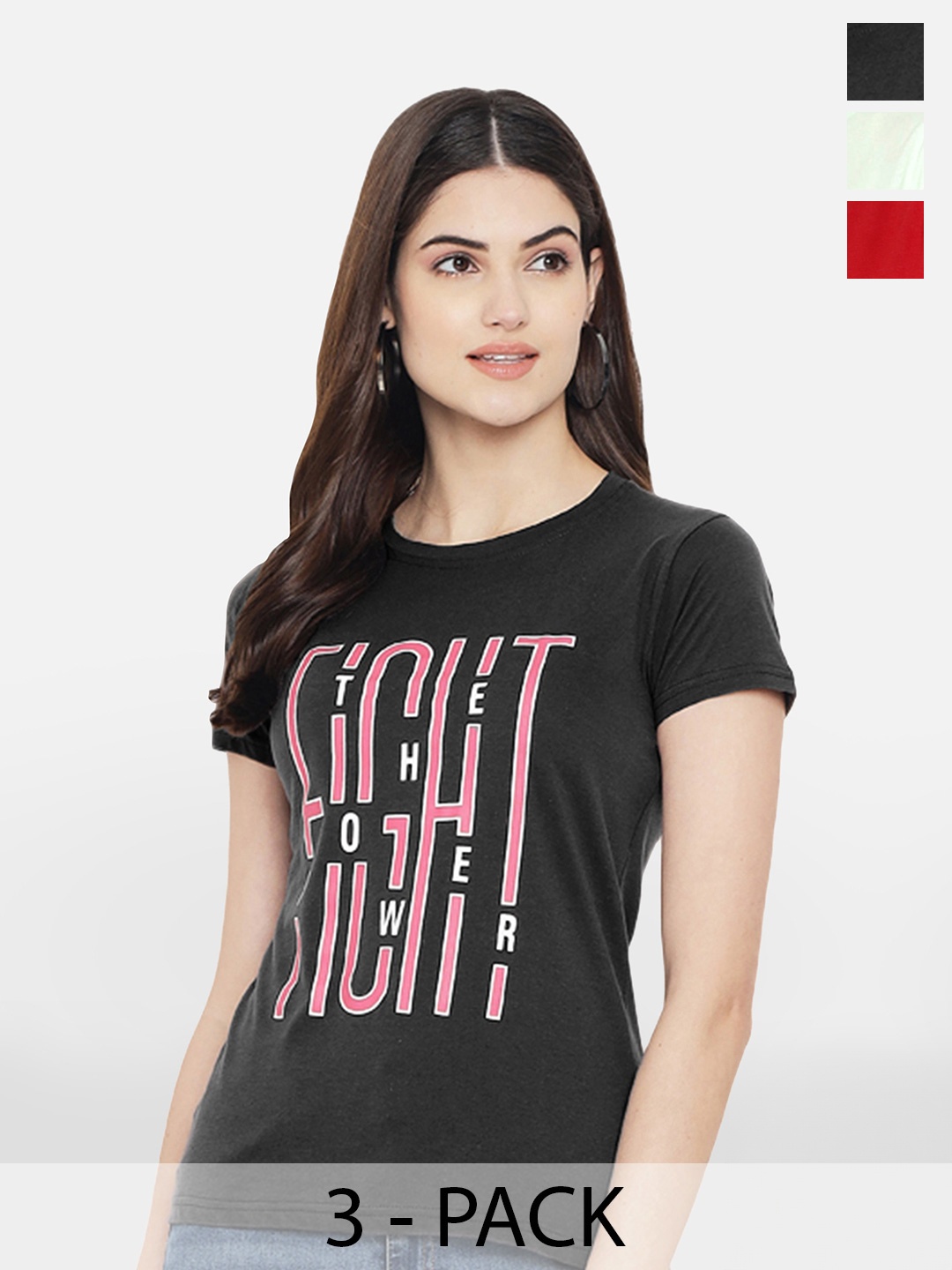 Fabflee Pack of 3 Typography Printed Cotton T-shirts, Charcoal
