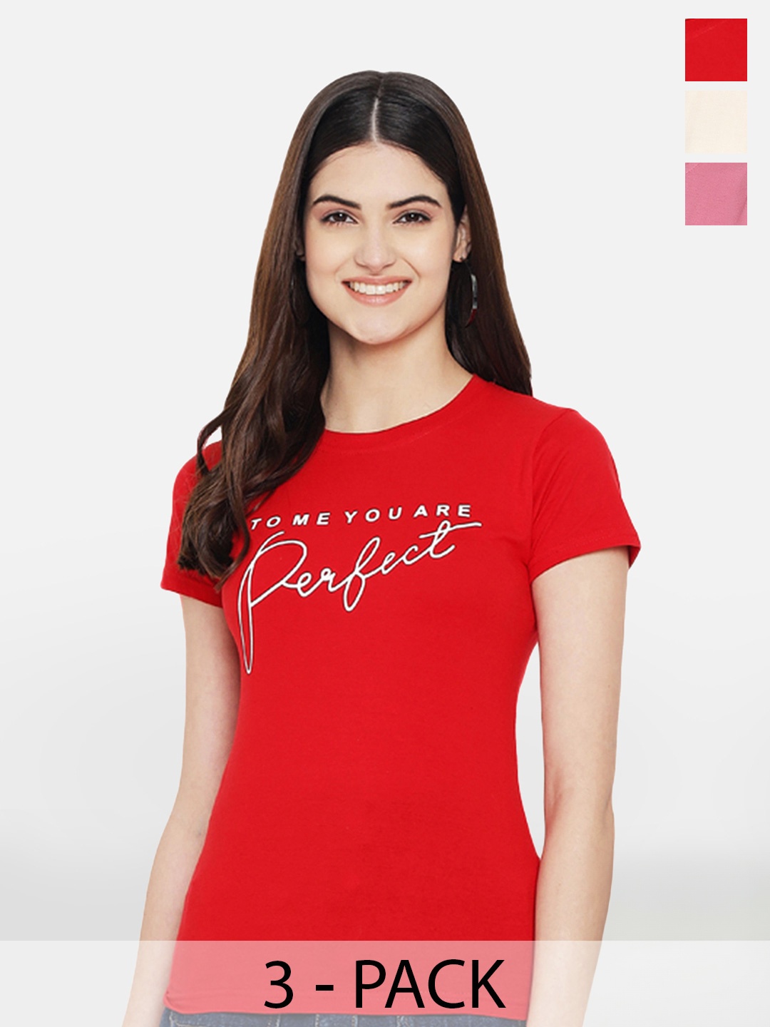 

Fabflee Pack of 3 Typography Printed Cotton T-shirts, Red