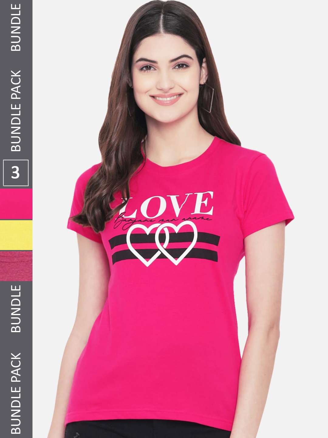 

Fabflee Pack Of 3 Typography Printed Cotton T-Shirt, Pink