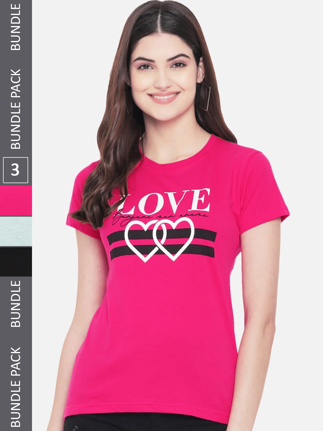 

Fabflee Pack Of 3 Typography Printed Cotton T-shirts, Pink