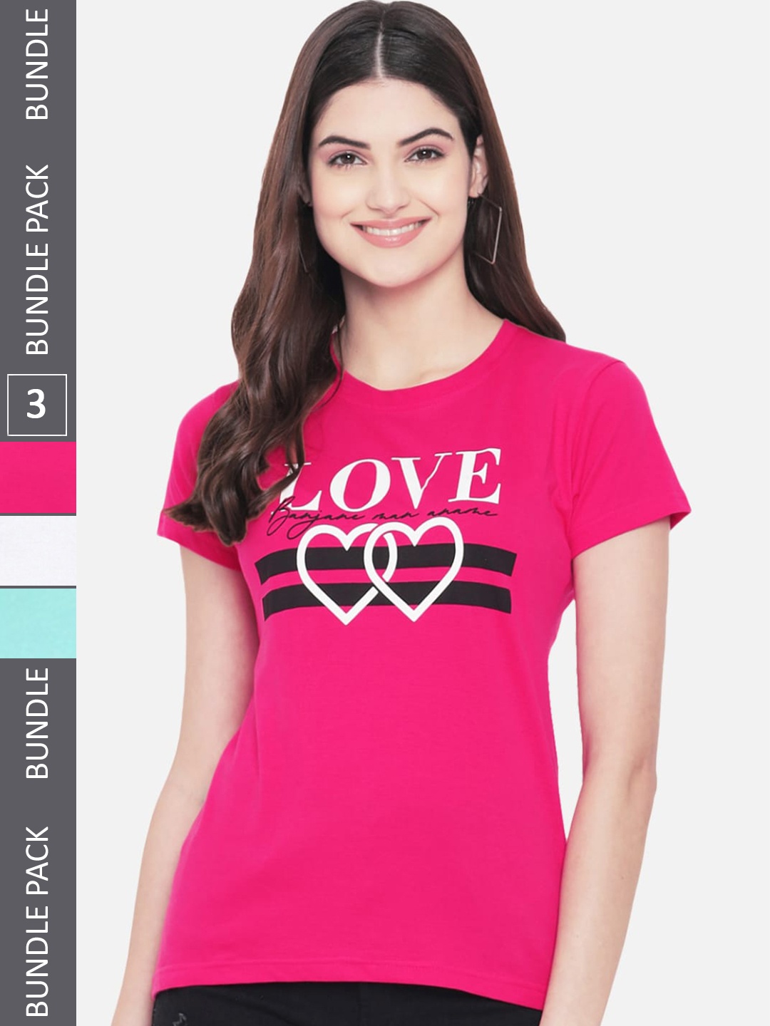 

Fabflee Pack Of 3 Typography Printed Cotton T-shirt, Pink