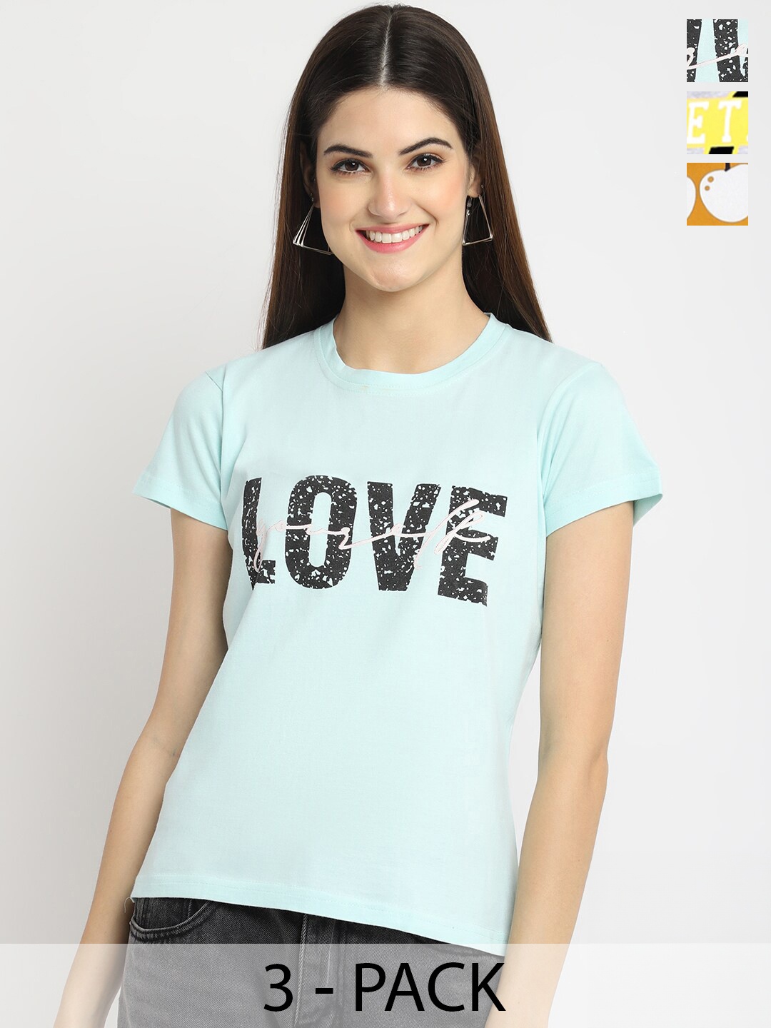 

Fabflee Pack Of 3 Typography Printed Cotton T-shirt, Blue