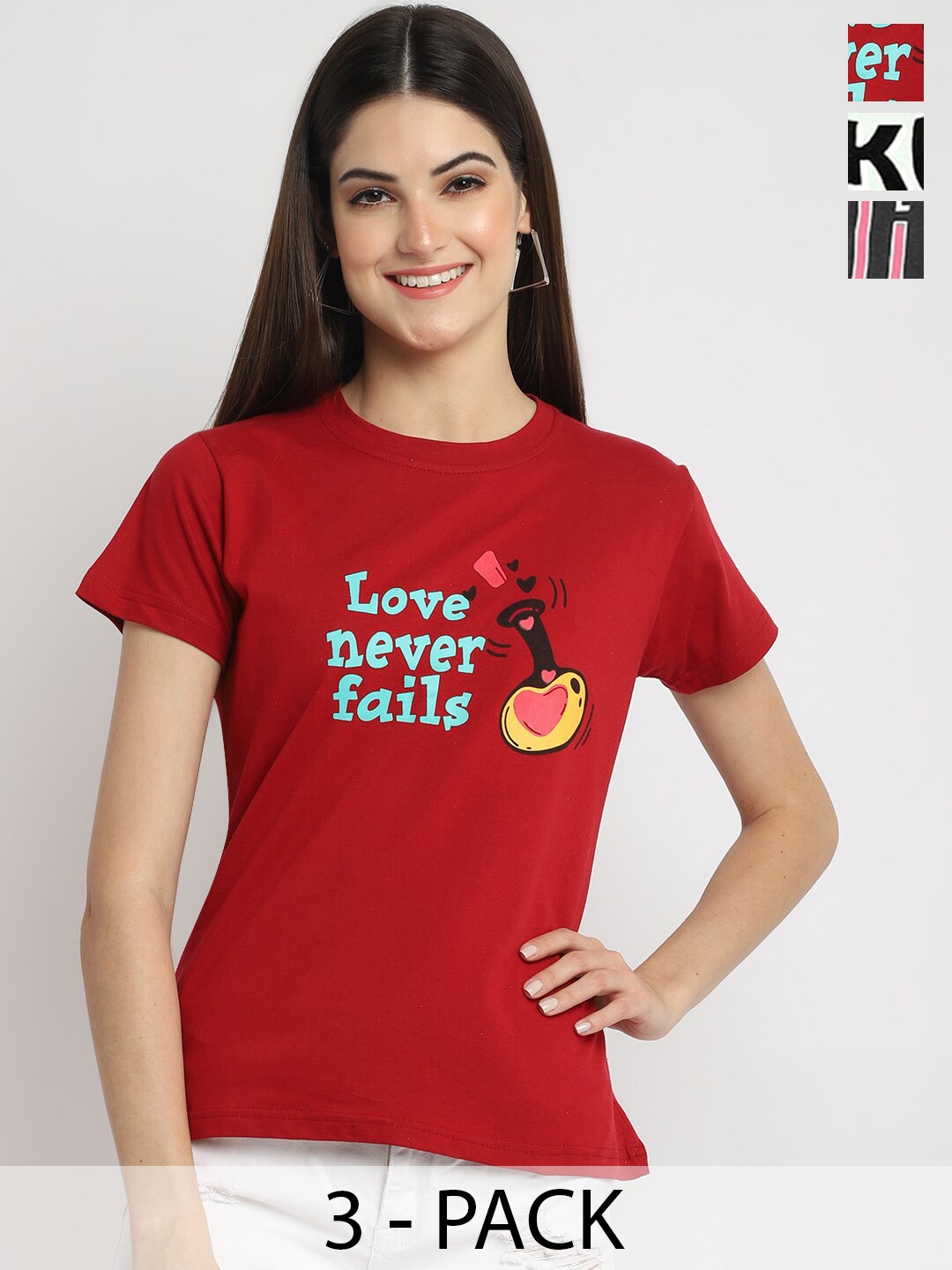 Fabflee Pack of 3 Typography Printed Cotton T-shirt, Red