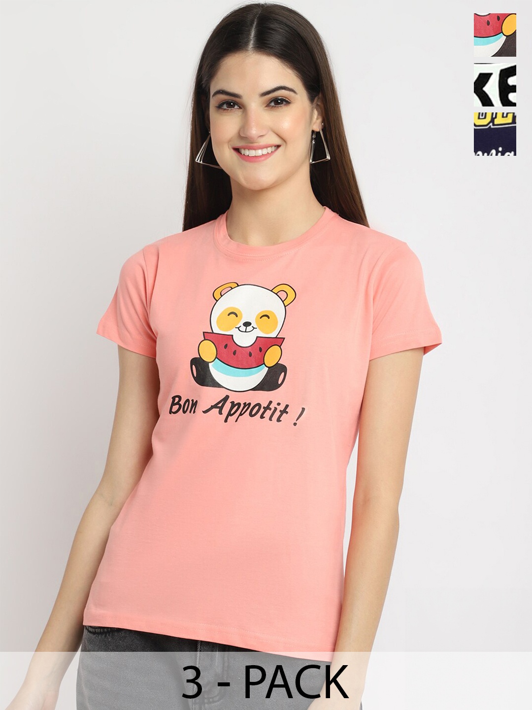 

Fabflee Pack Of 3 Typography Printed Casual Cotton T-shirts, Peach