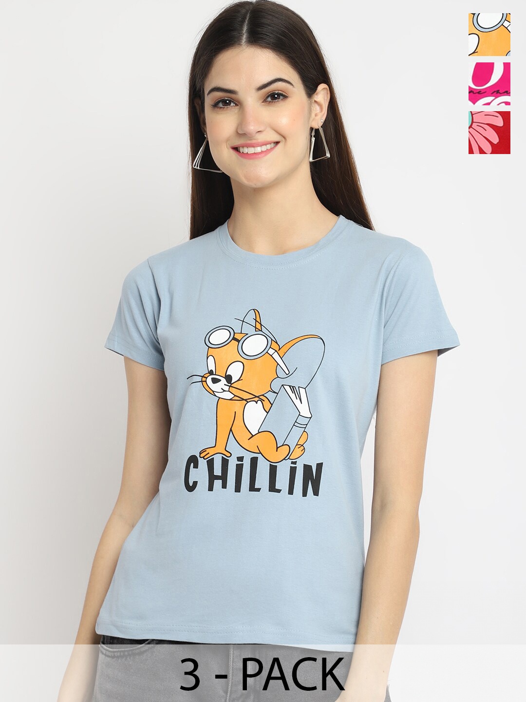 

Fabflee Pack Of 3 Graphic Printed Cotton T-shirts, Blue