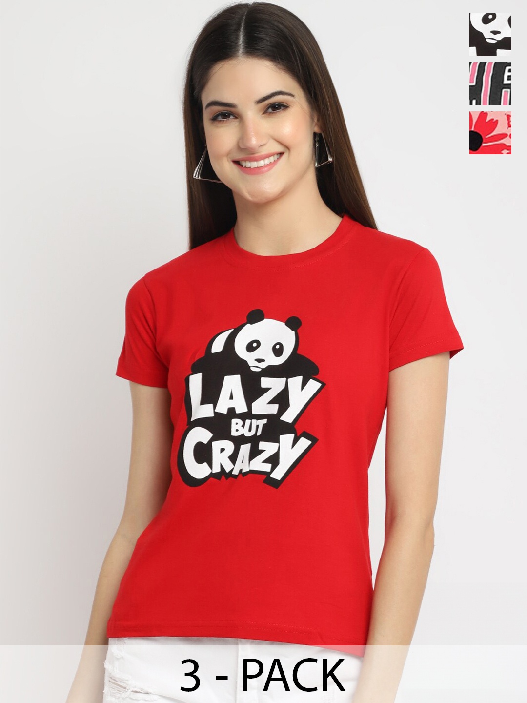 

Fabflee Pack Of 3 Typography Printed Regular Fit Cotton T-shirt, Red