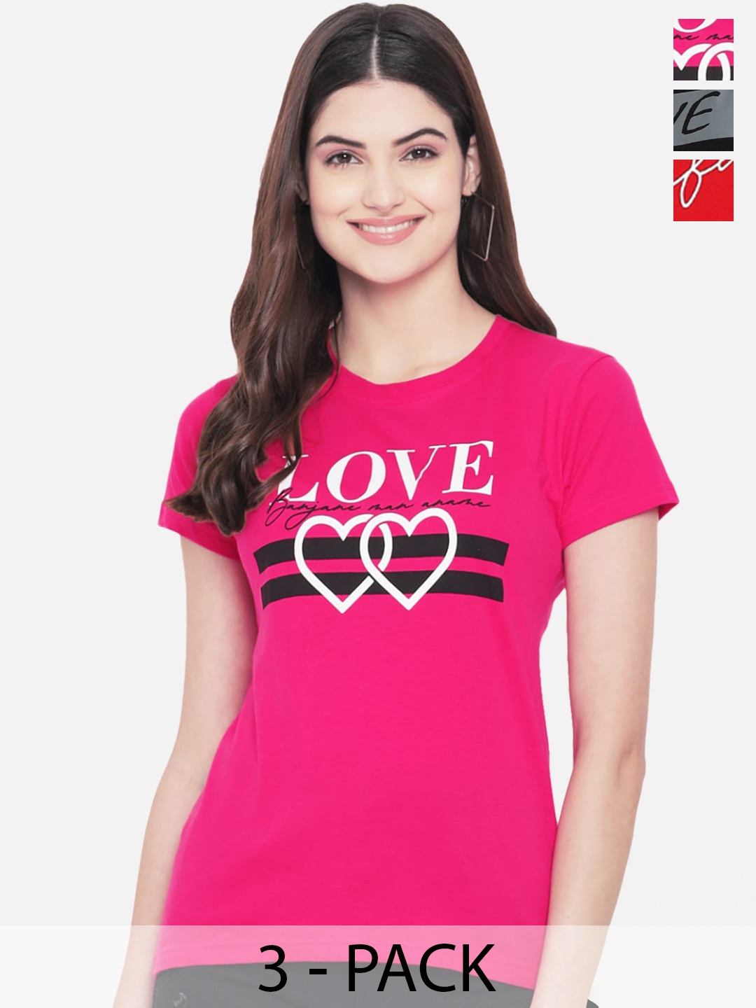 

Fabflee Pack Of 3 Typography Printed Casual Cotton T-shirts, Pink