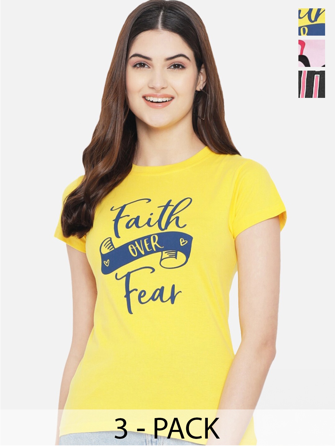 

Fabflee Pack Of 3 Printed Cotton T-shirt, Yellow