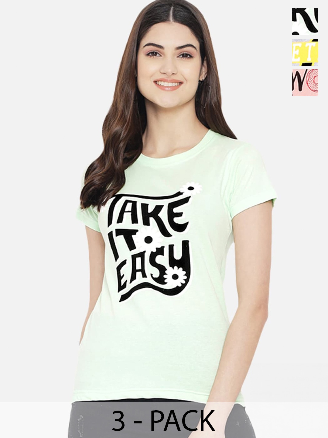 

Fabflee Pack Of 3 Typography Printed Cotton T-Shirt, Green