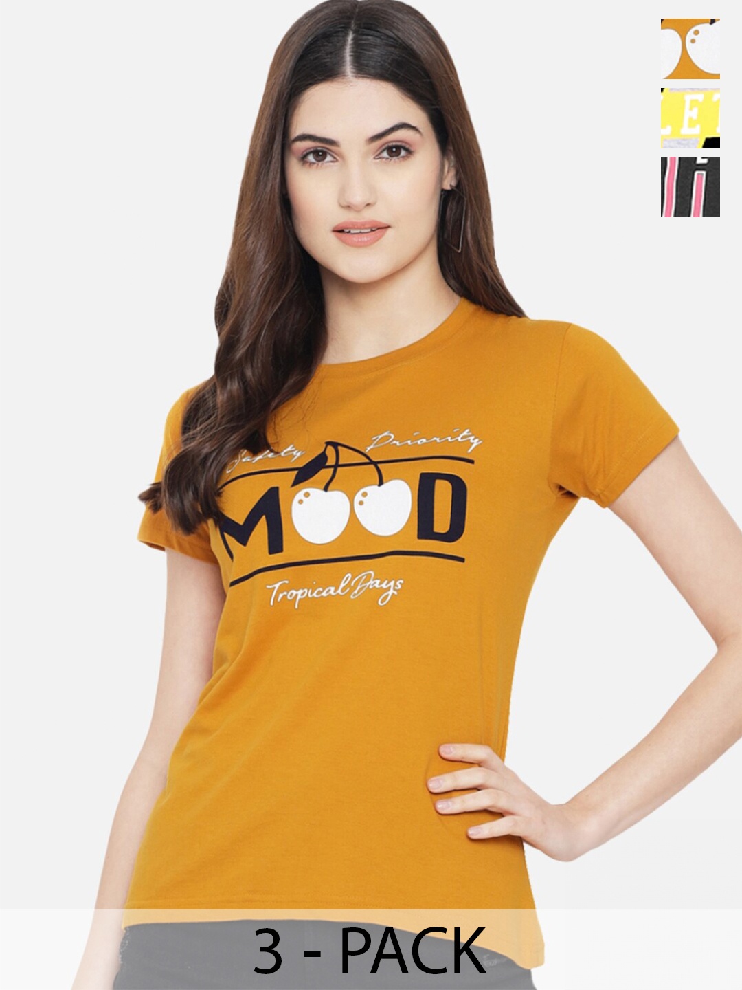

Fabflee Pack Of 3 Printed Cotton T-shirts, Mustard