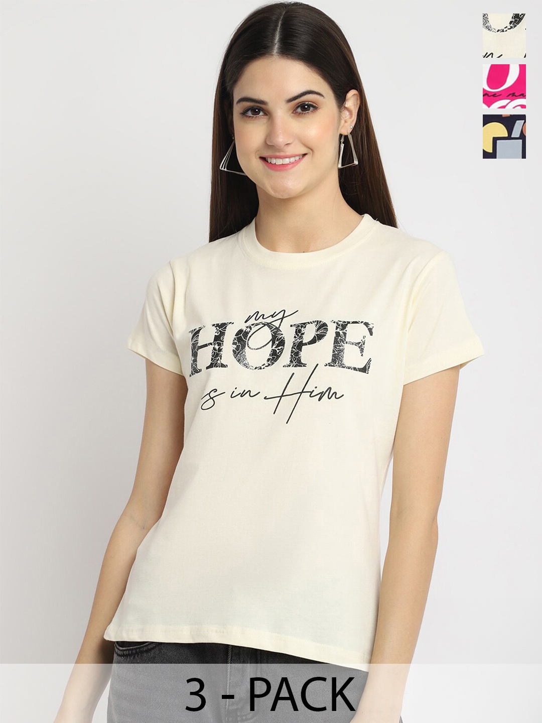 

Fabflee Pack of 3 Typography Printed Cotton T-shirt, Cream