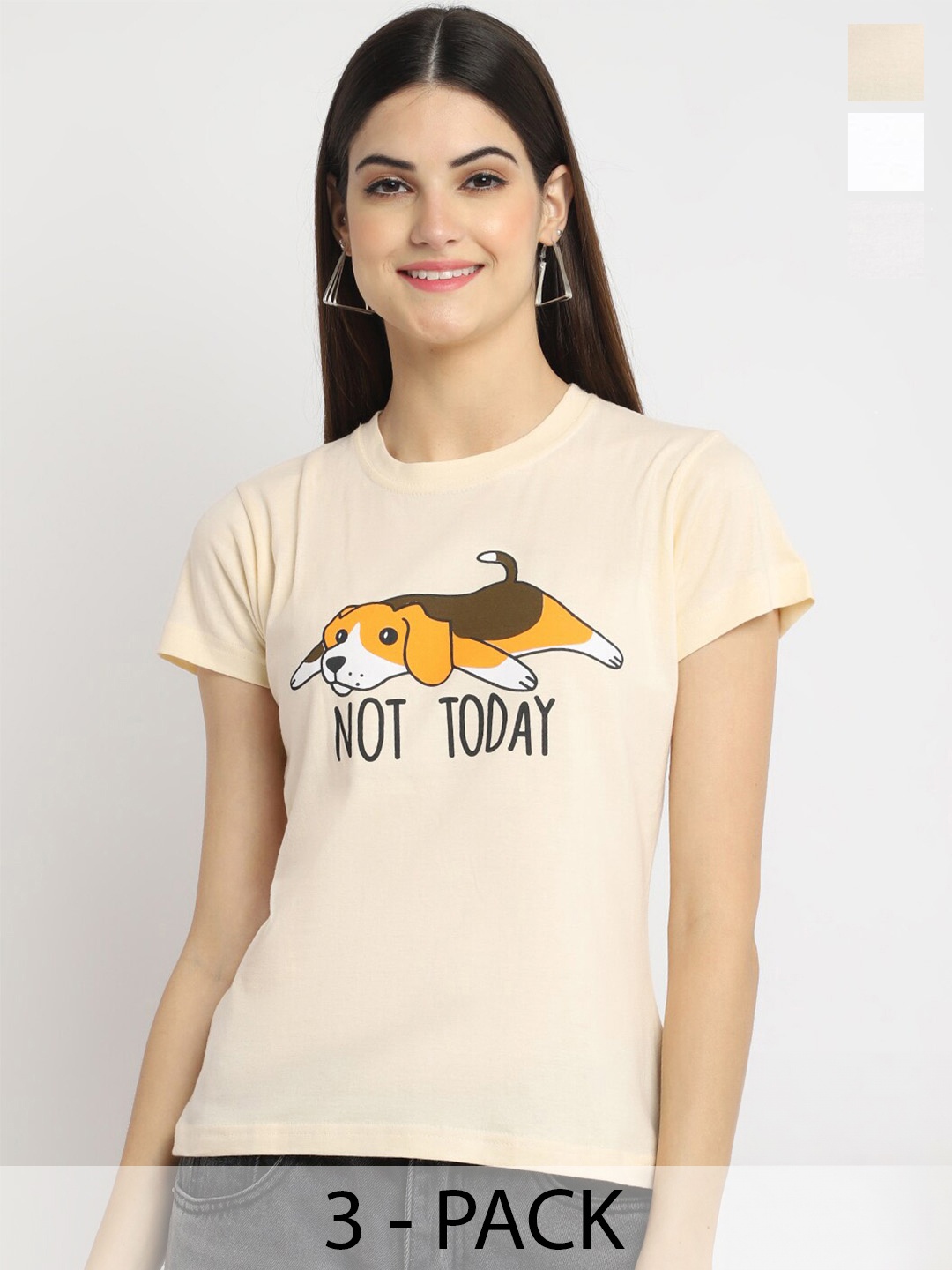 

Fabflee Pack Of 3 Typography Printed Cotton T-Shirt, Beige
