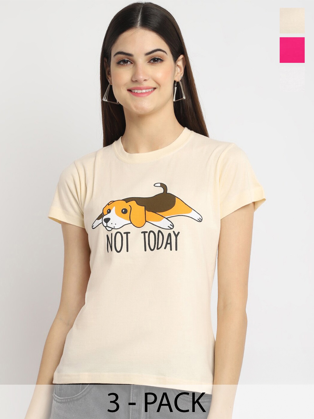 Fabflee Pack Of 3 Typography Printed Cotton T-shirts, Cream
