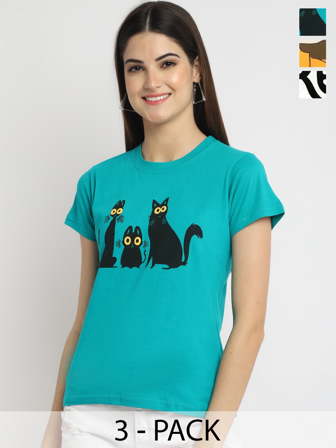 

Fabflee Pack Of 3 Typography Printed Cotton T- Shirts, Teal