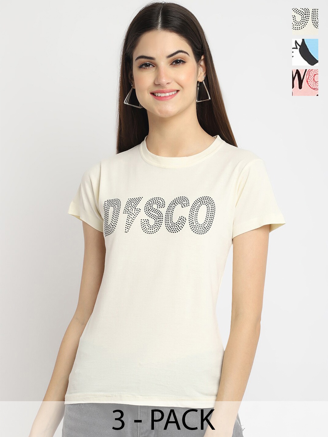 

Fabflee Pack Of 3 Typography Printed Cotton T-shirts, Cream