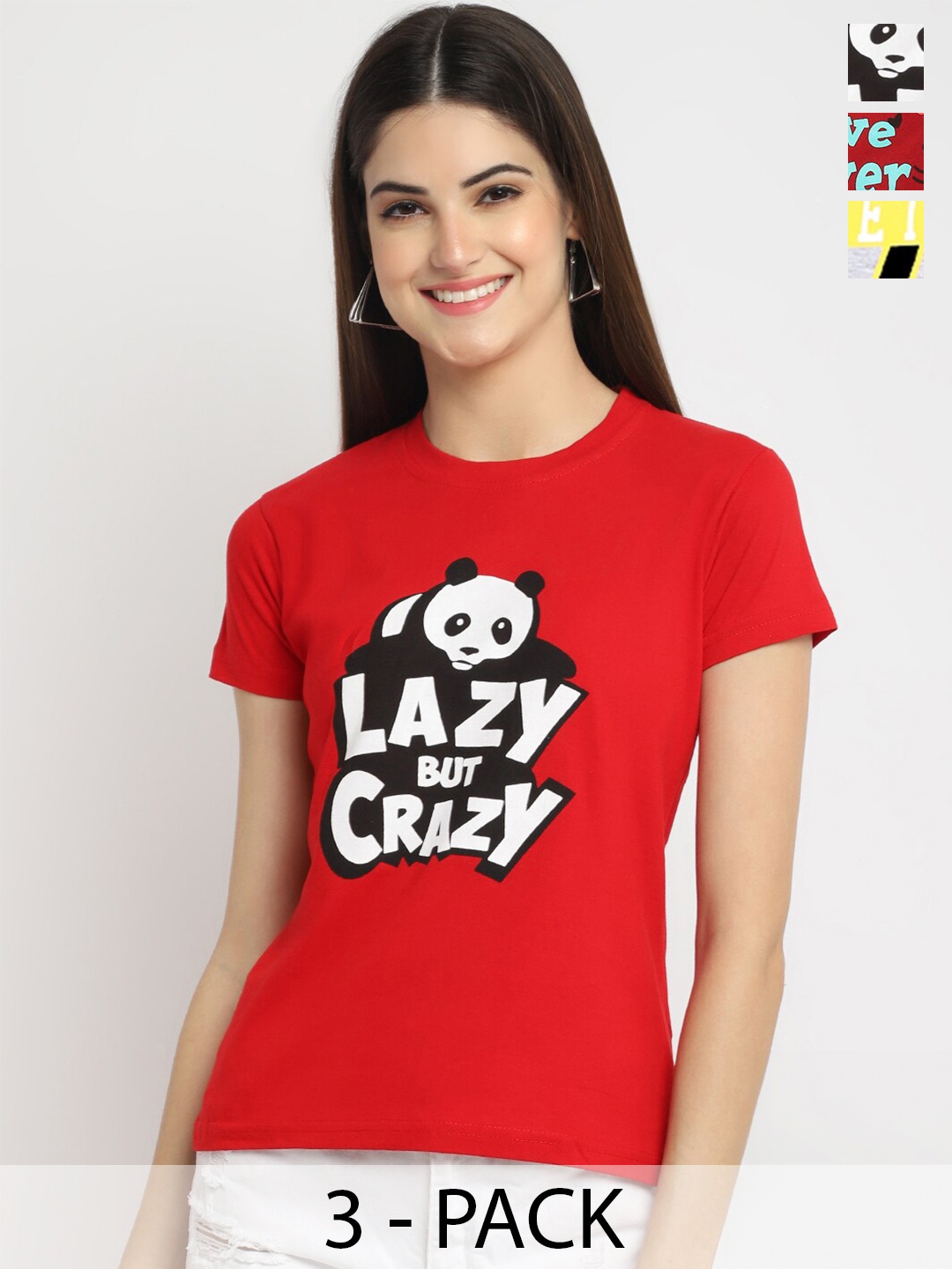 

Fabflee Pack Of 3 Typography Printed Cotton T-Shirt, Red