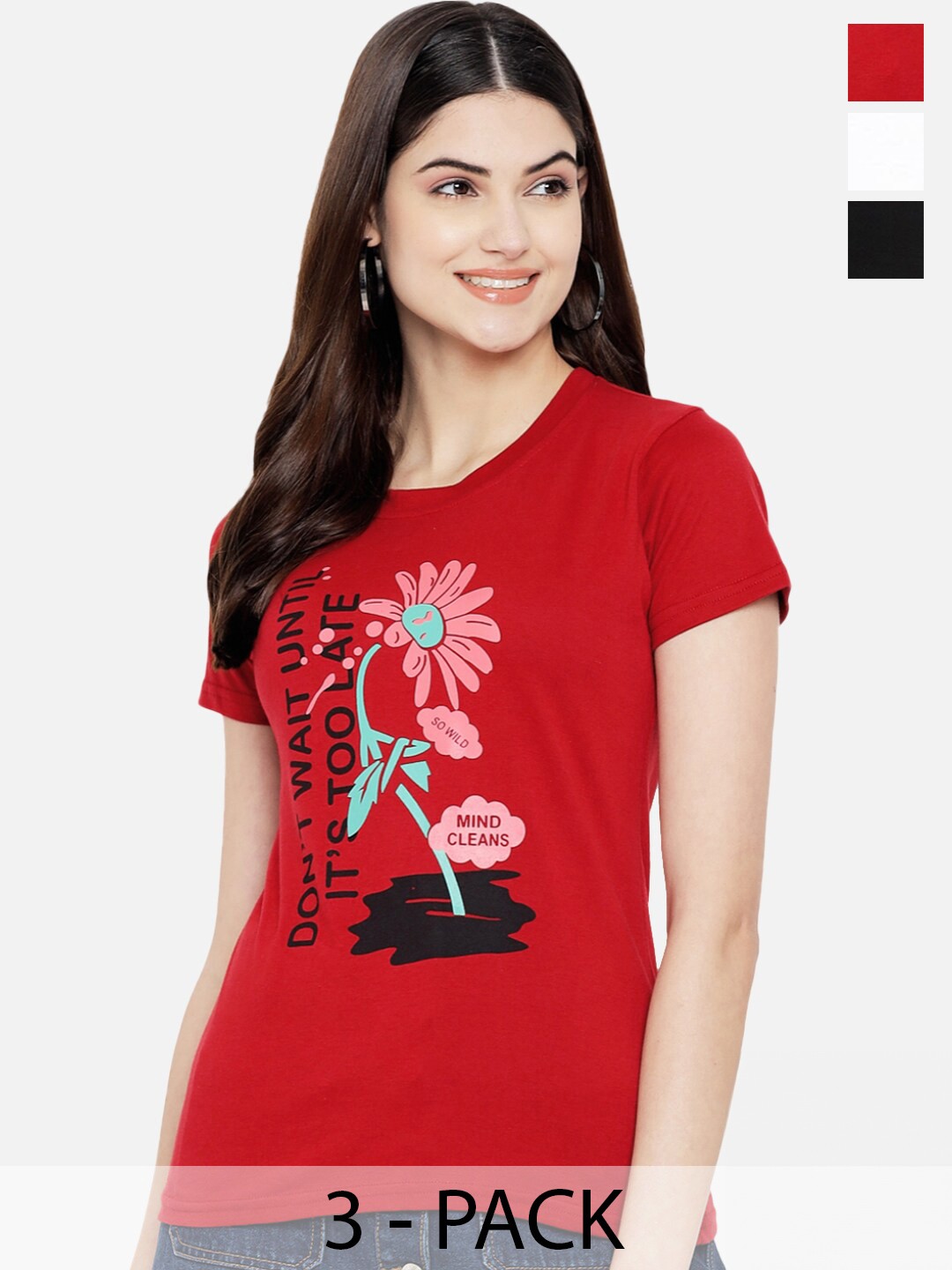 

Fabflee Pack Of 3 Printed Cotton T-shirt, Red