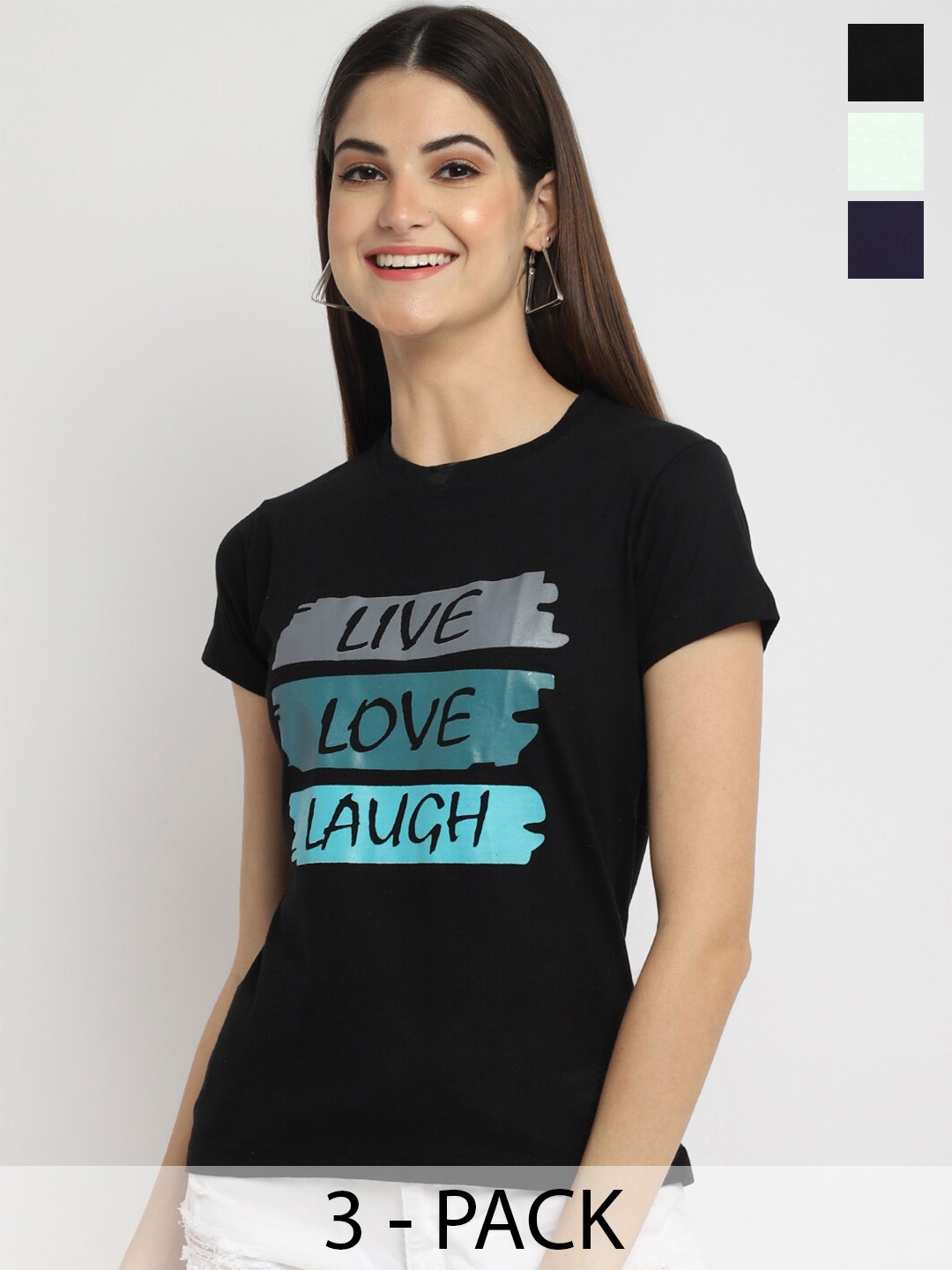

Fabflee Pack Of 3 Printed Cotton T-shirts, Black