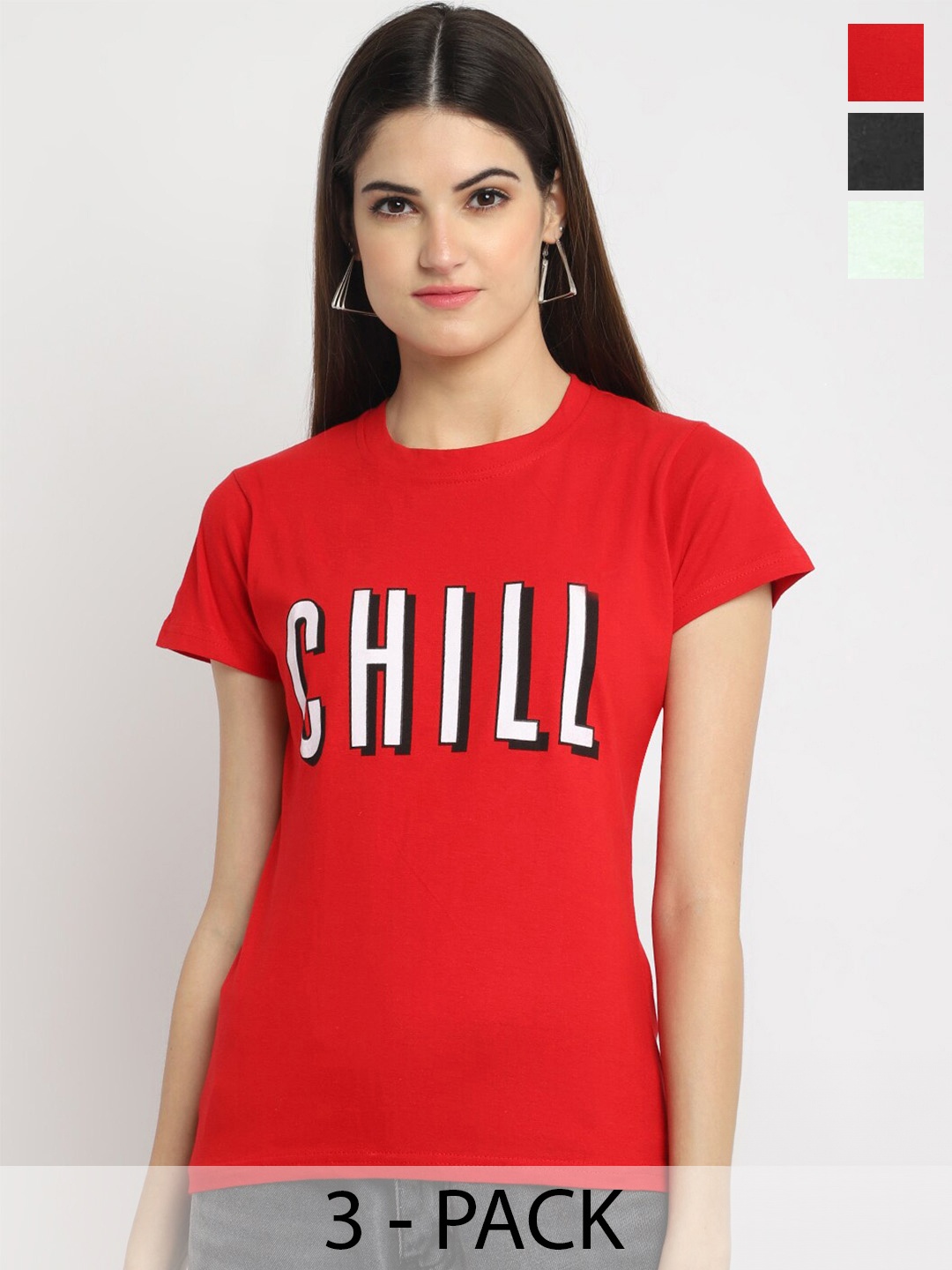 

Fabflee Pack Of 3 Typography Printed Cotton T-Shirt, Red