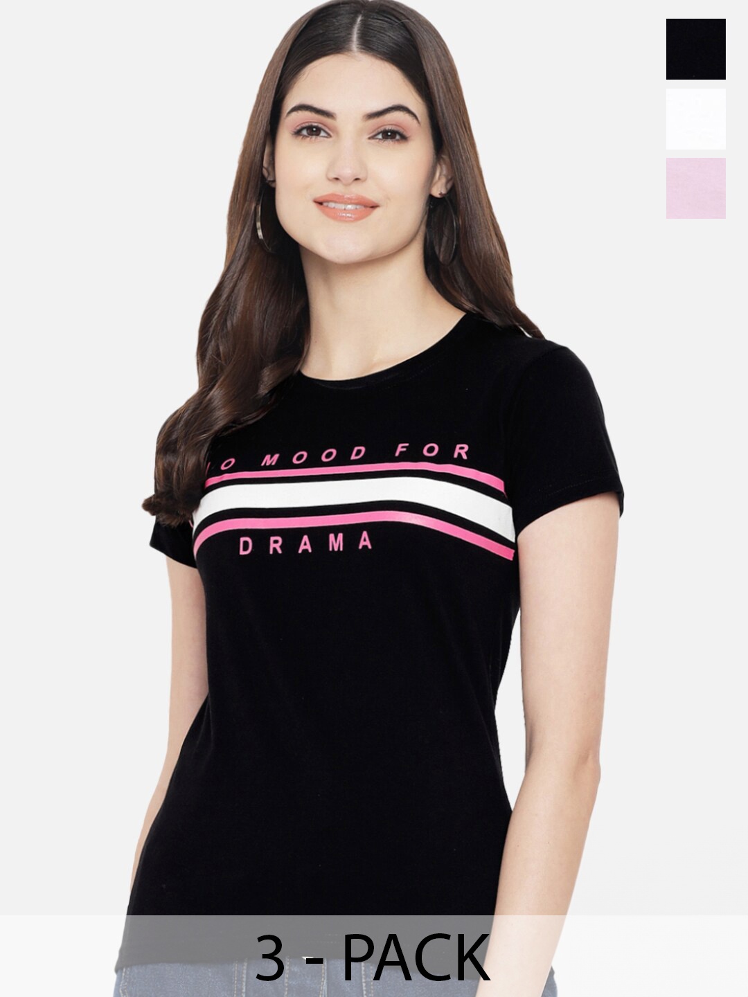 

Fabflee Pack Of 3 Typography Printed Cotton T-shirts, Black