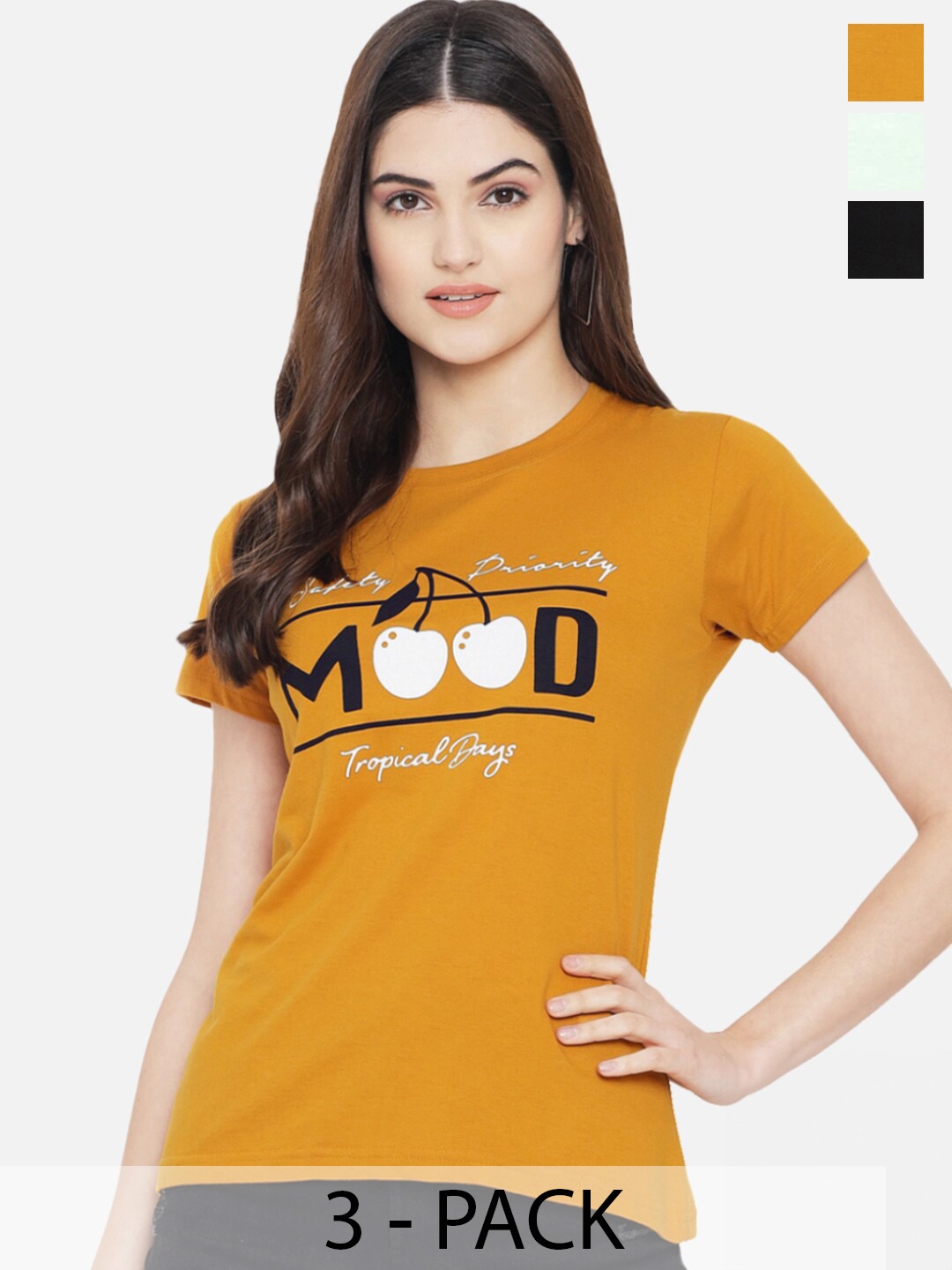 

Fabflee Pack Of 3 Typography Printed Cotton T-Shirt, Yellow