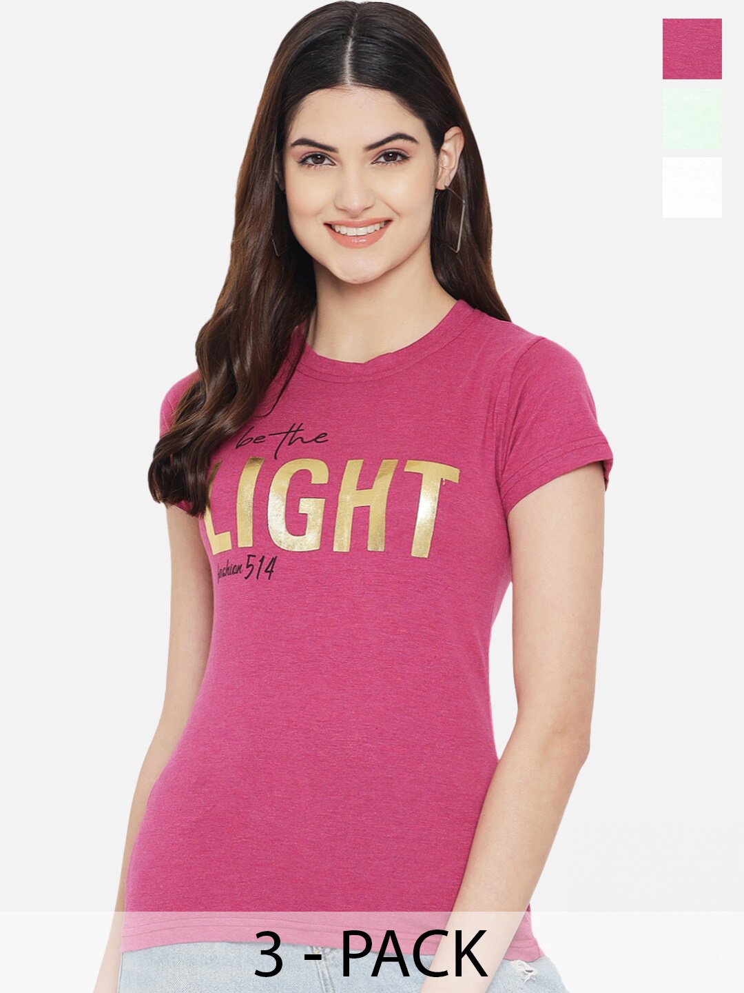 

Fabflee Pack Of 3 Typography Printed Cotton T-Shirt, Pink