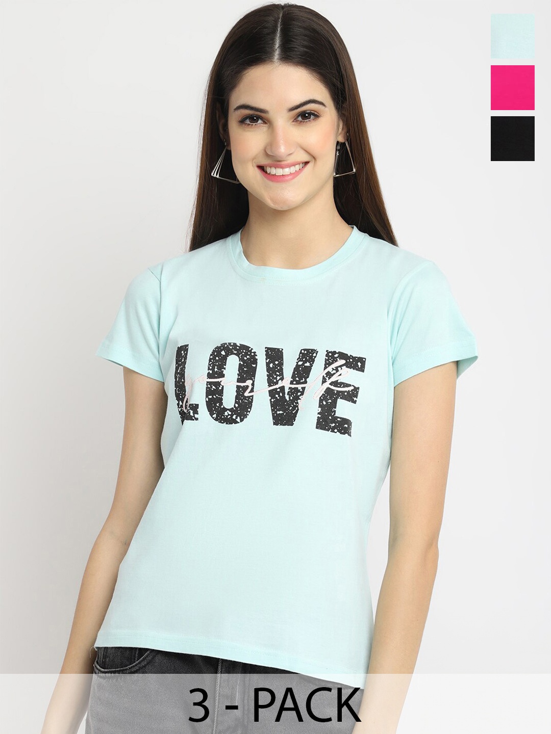 

Fabflee Pack Of 3 Typography Printed Cotton T-shirts, Blue