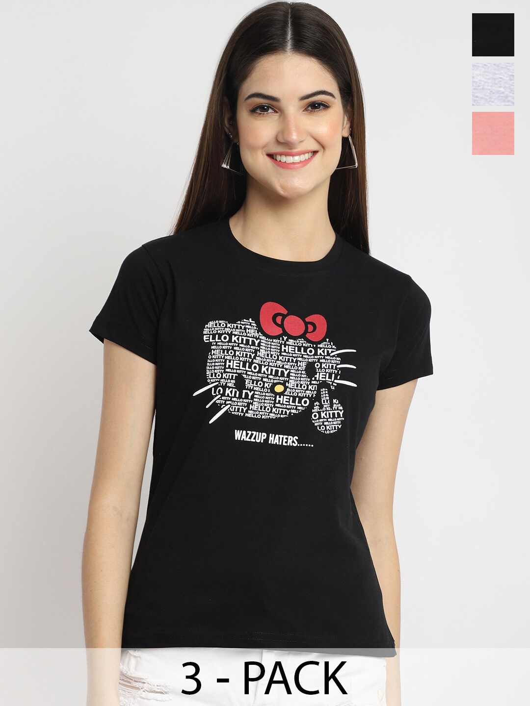 

Fabflee Pack Of 3 Typography Printed Cotton T-Shirt, Black