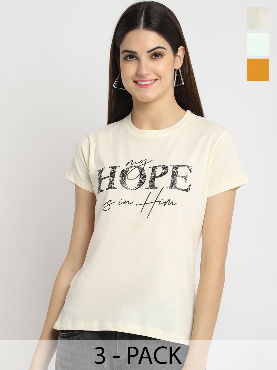 

Fabflee Pack Of 3 Typography Printed Cotton T-shirts, Cream