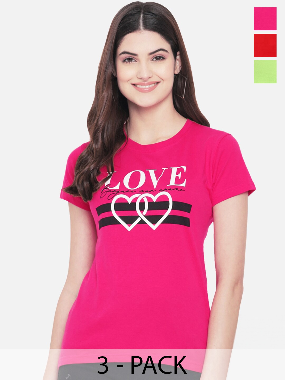 

Fabflee Pack Of 3 Typography Printed Cotton T- Shirts, Pink