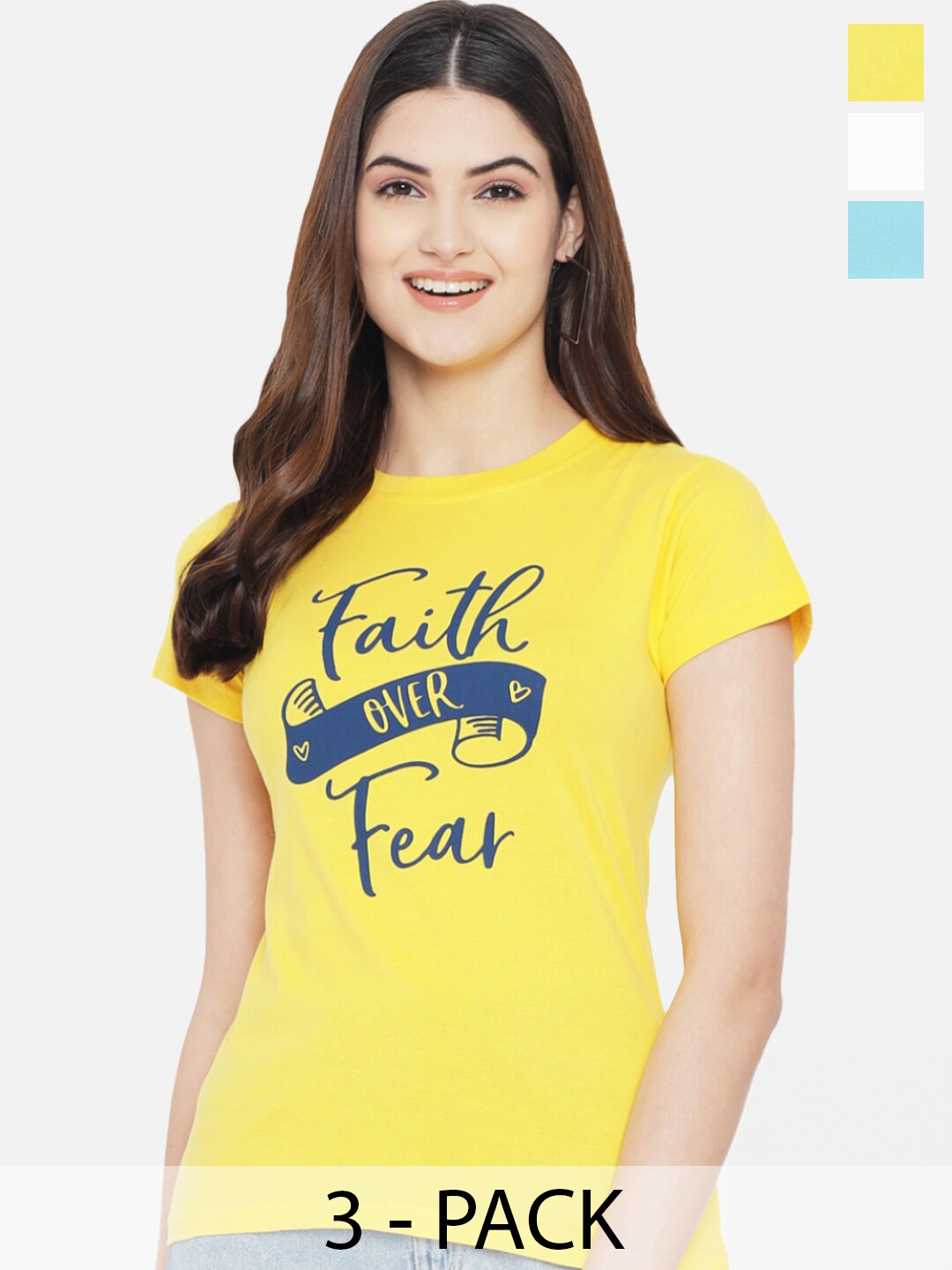 

Fabflee Pack Of 3 Typography Printed Casual Cotton T-shirts, Yellow