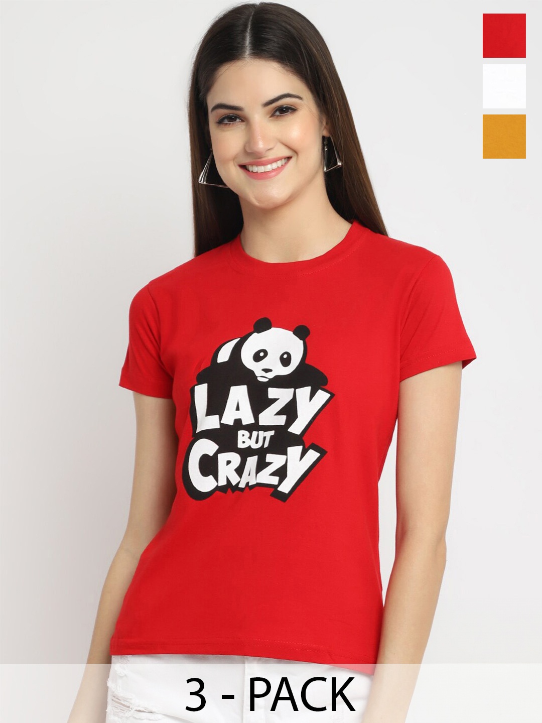 Fabflee Pack Of 3 Typography Printed Cotton T-shirts, Red