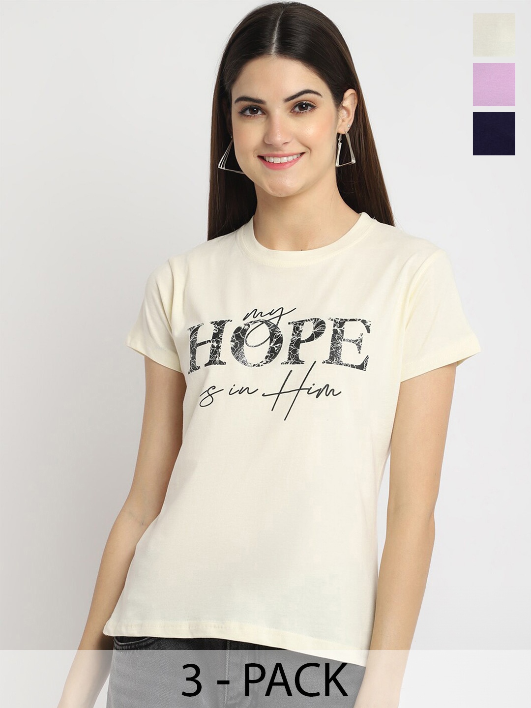 

Fabflee Pack Of 3 Typography Printed Cotton T-shirts, Cream