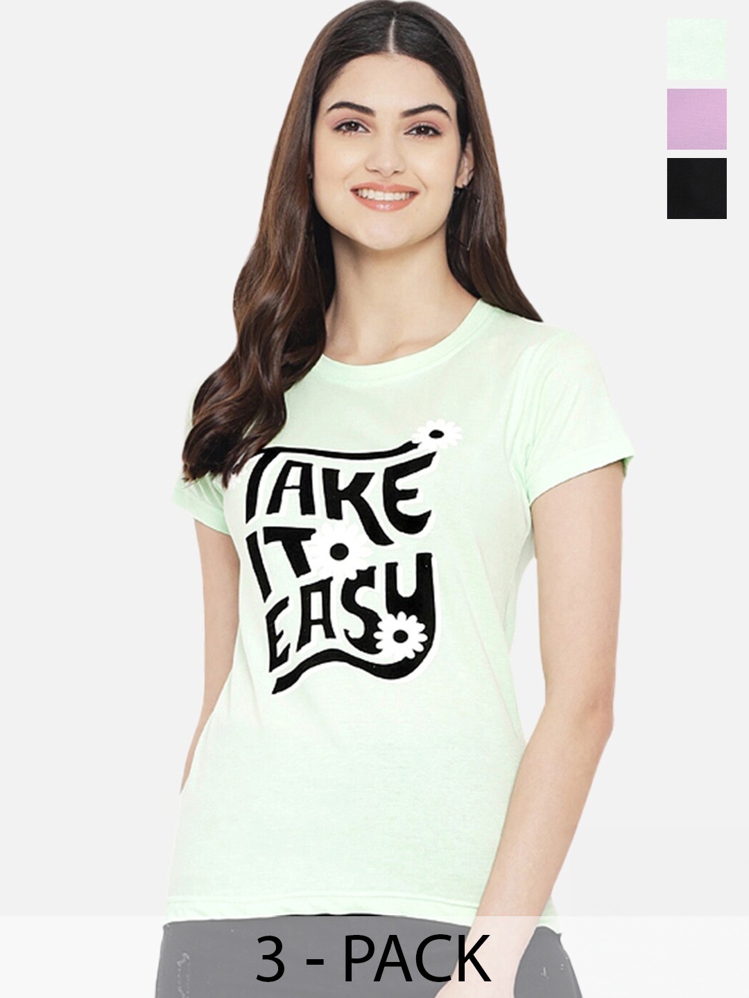 Fabflee Pack Of 3 Typography Printed Casual Cotton T-shirts, Green