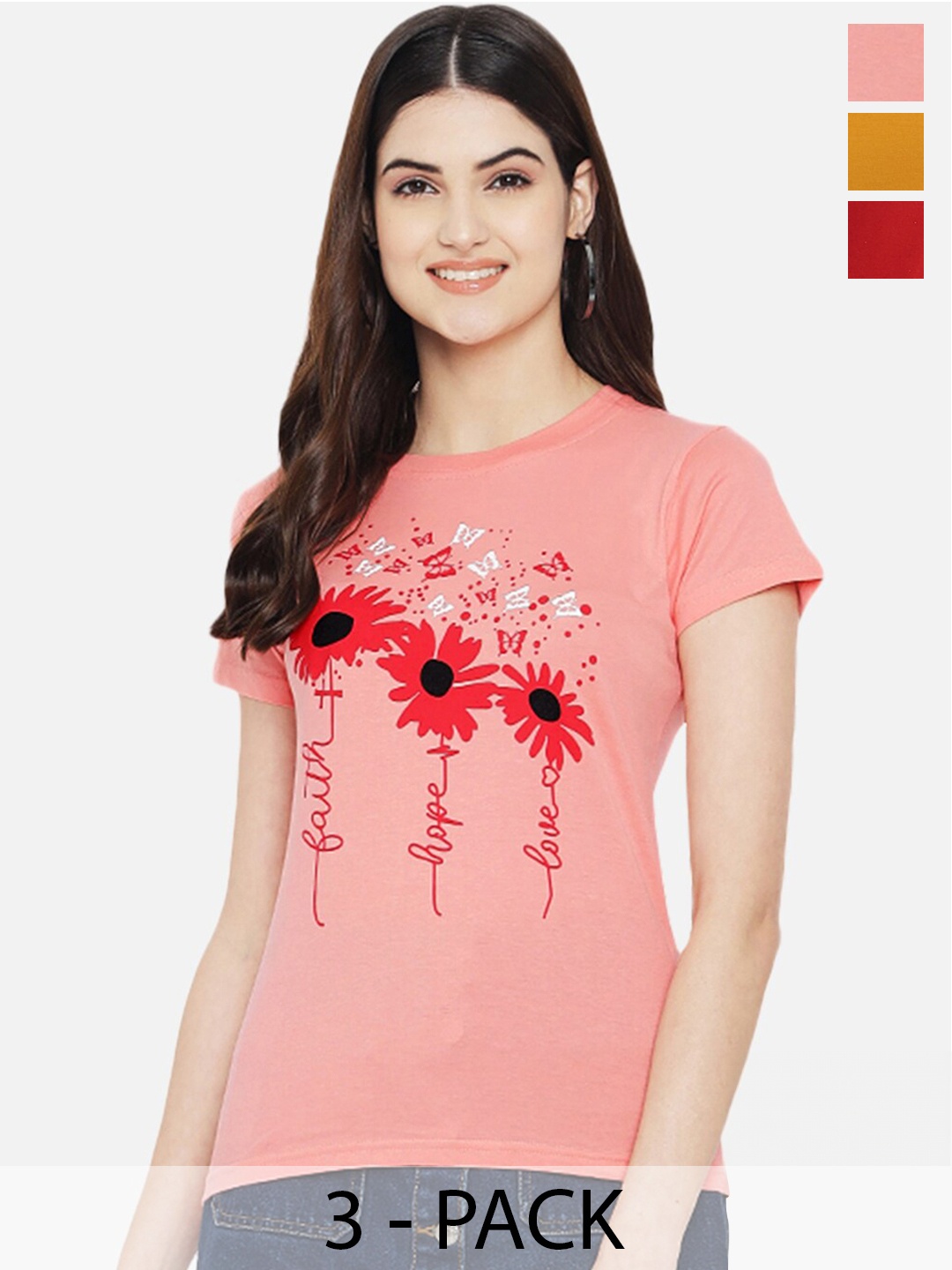 

Fabflee Pack Of 3 Typography Printed Regular Fit Cotton T-shirt, Pink