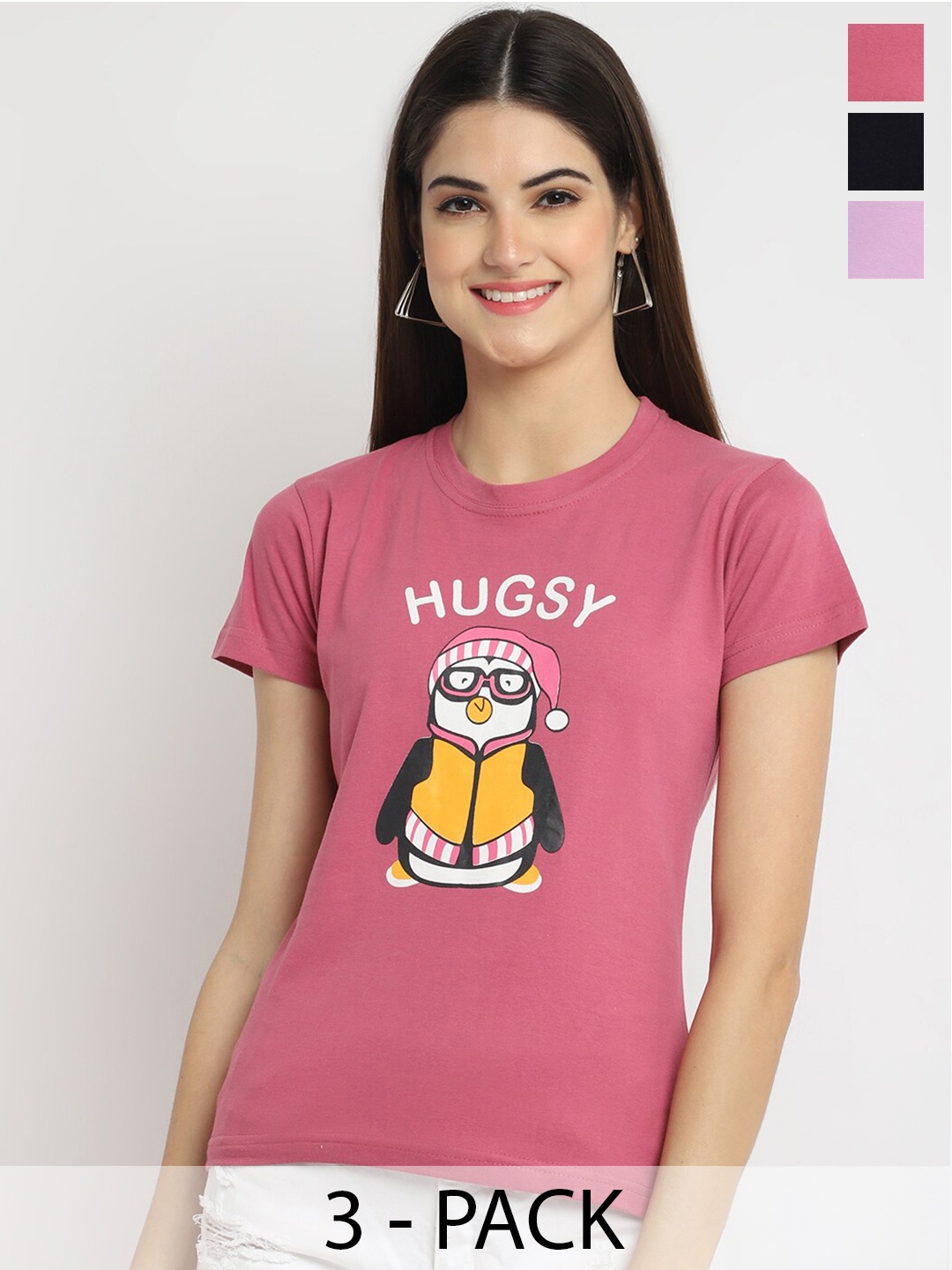 

Fabflee Pack Of 3 Typography Printed Casual Cotton T-shirts, Pink