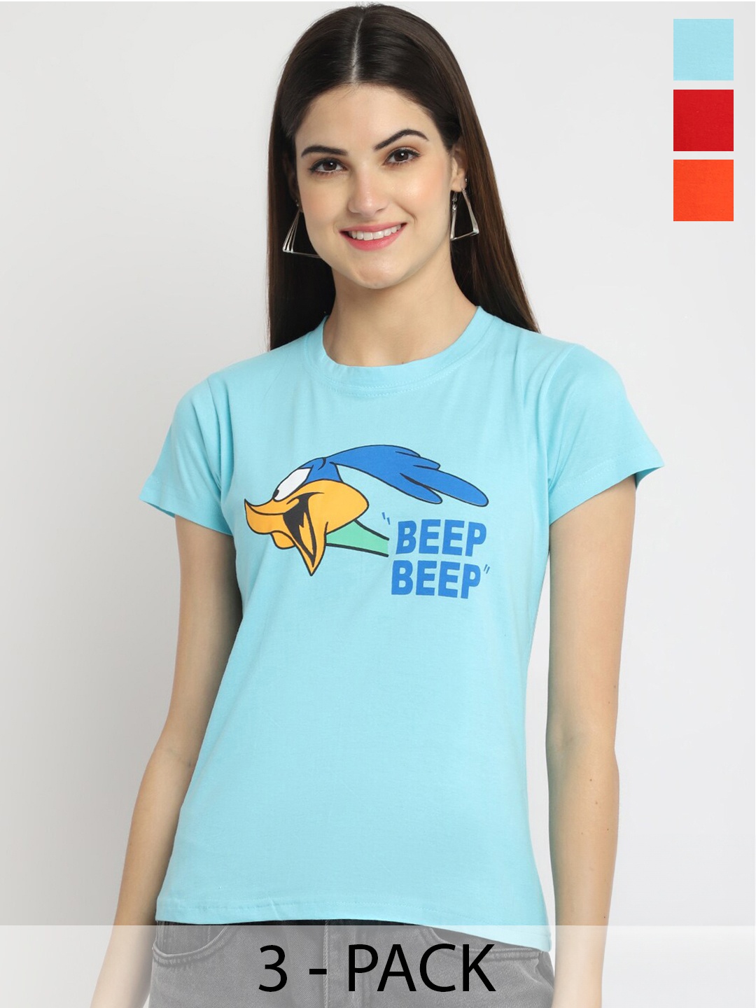 

Fabflee Pack Of 3 Road Runner Printed Cotton T-shirts, Blue