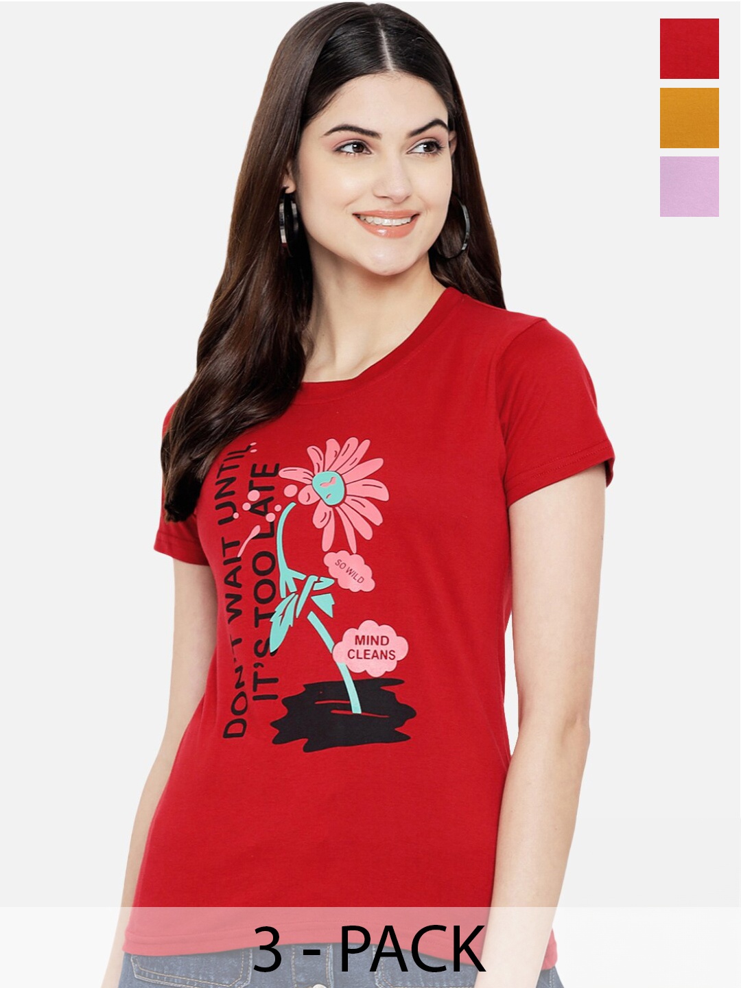 

Fabflee Pack Of 3 Typography Printed Cotton T-shirt, Red