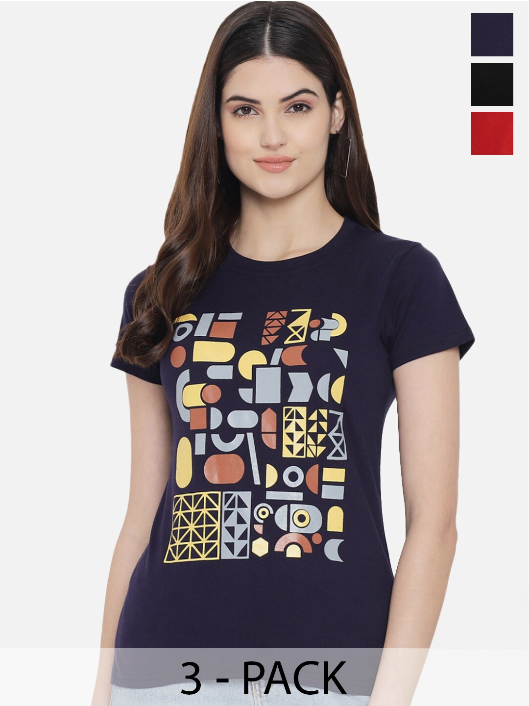 

Fabflee Pack Of 3 Typography Printed Cotton T-Shirt, Navy blue