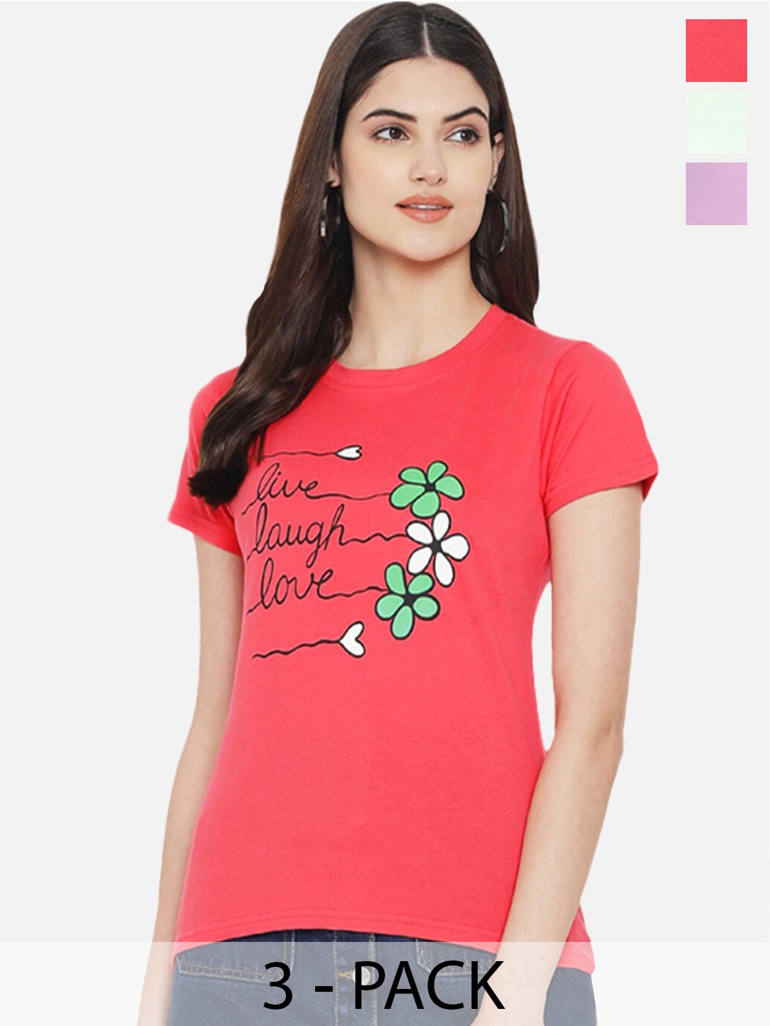 

Fabflee Pack Of 3 Typography Printed Cotton T-Shirt, Coral