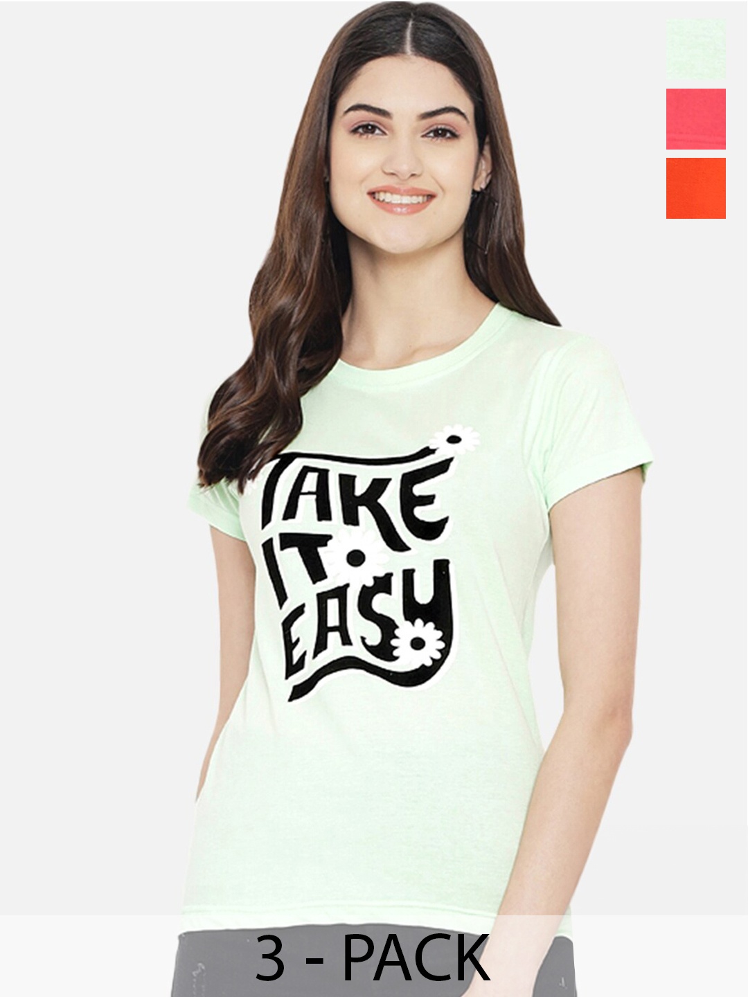 

Fabflee Pack Of 3 Typography Printed Cotton T-shirts, Green