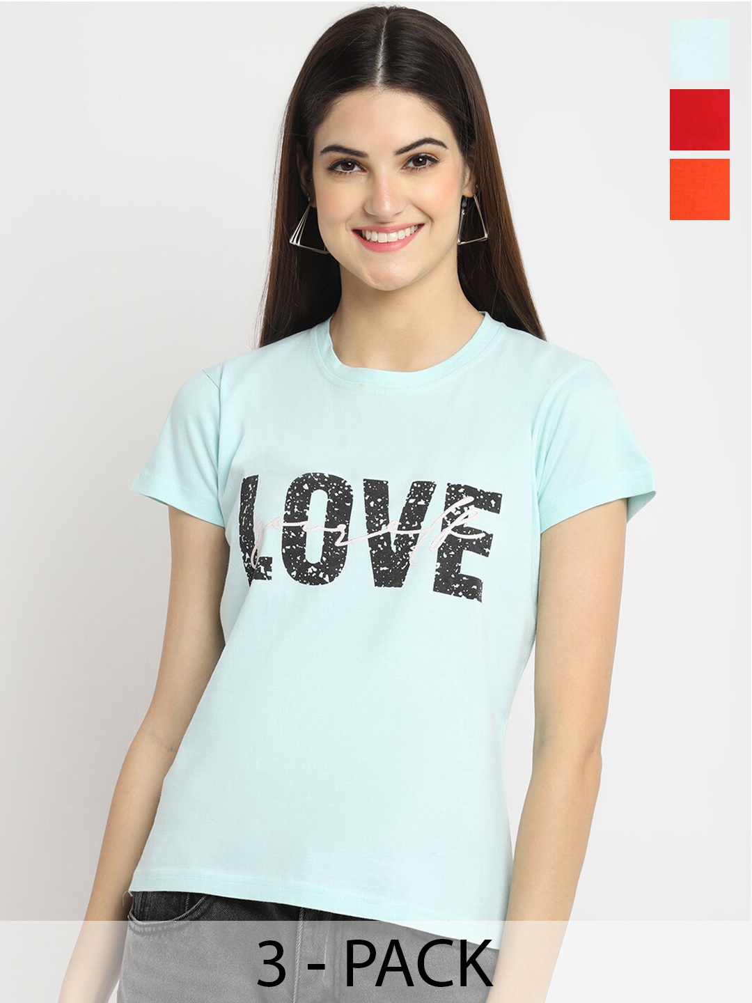 Fabflee Pack Of 3 Typography Printed Cotton T-shirt, Blue