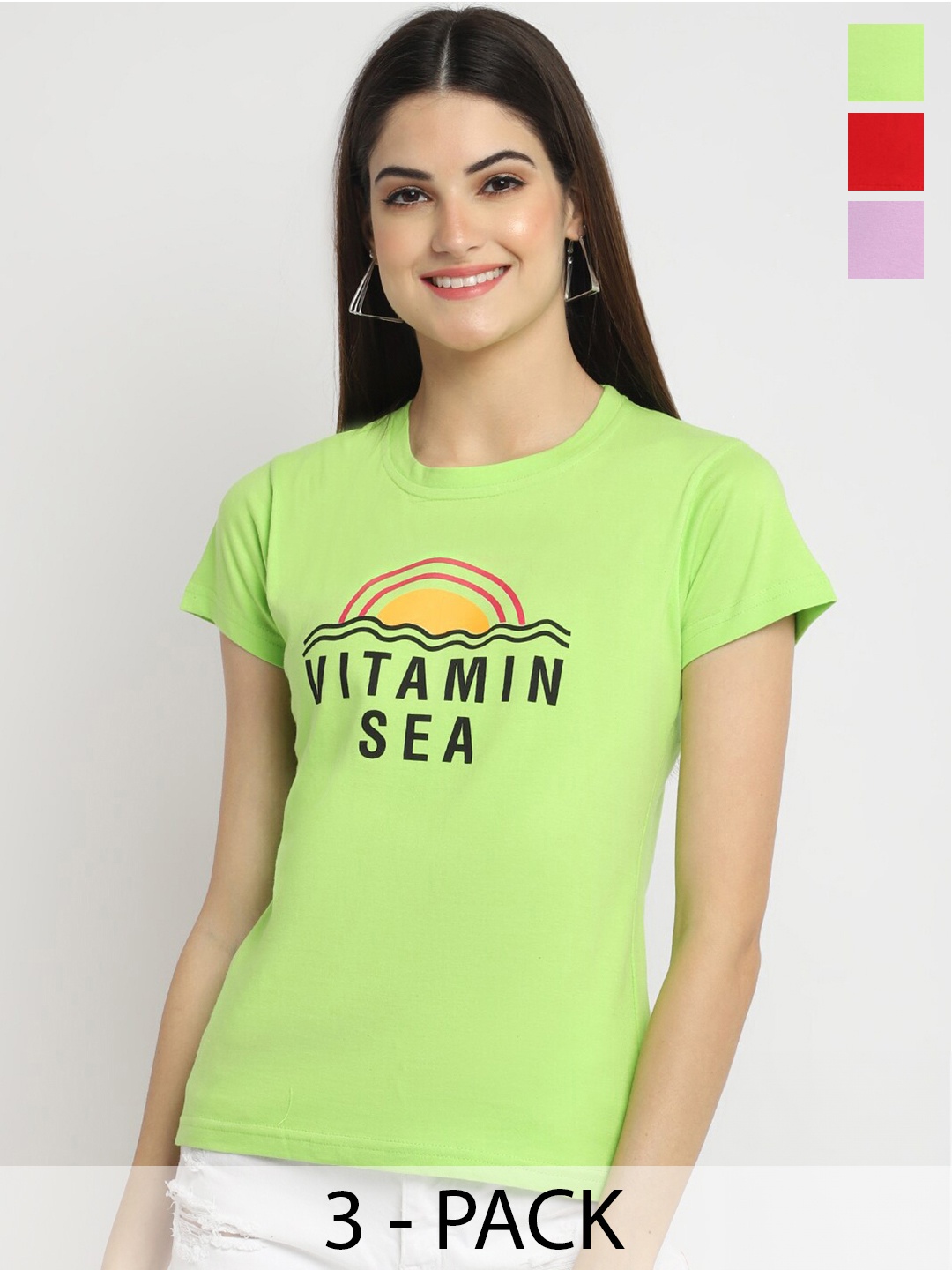 

Fabflee Pack Of 3 Printed Cotton T-shirt, Green