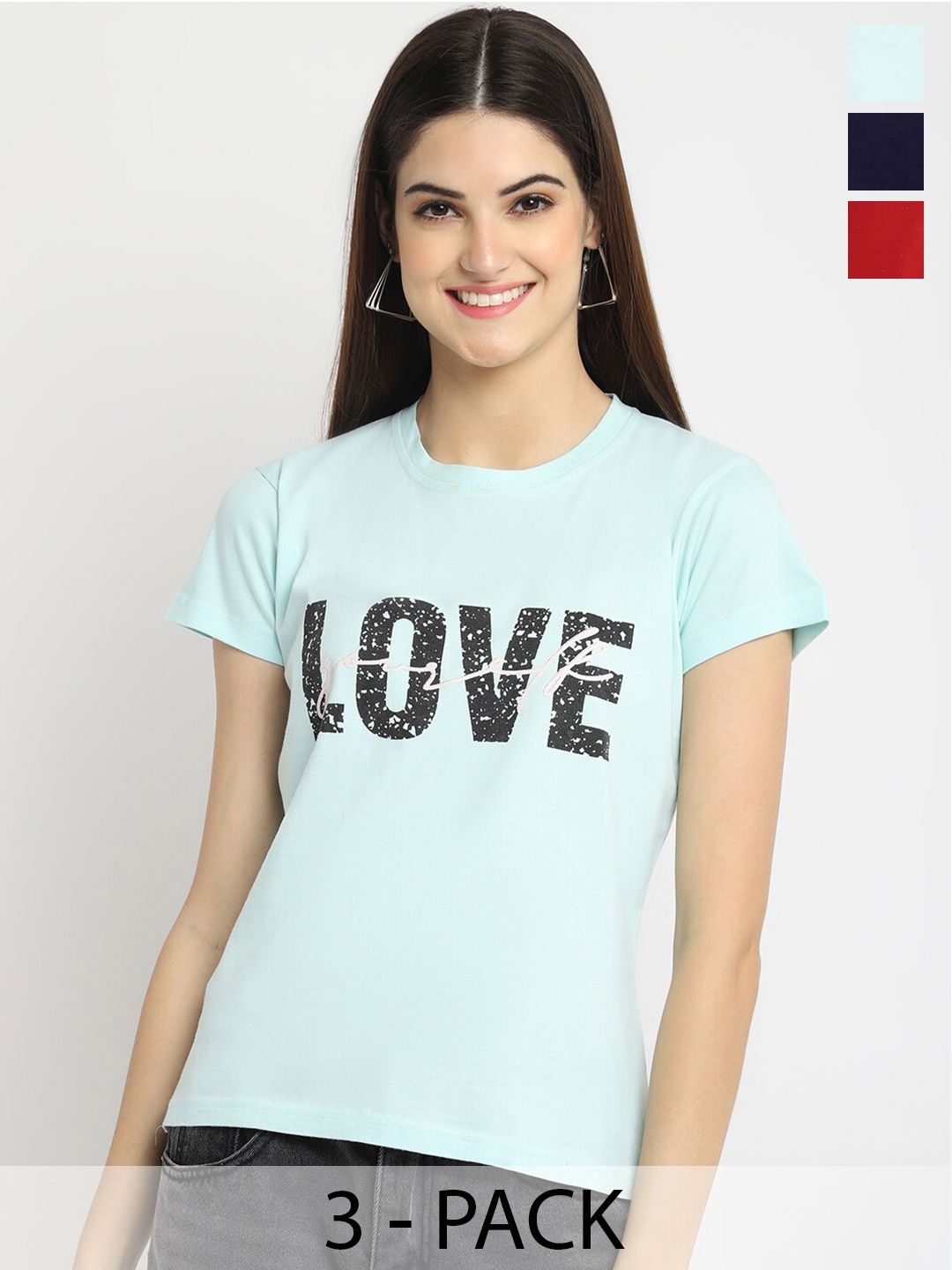 

Fabflee Pack Of 3 Typography Printed Cotton T-shirts, Blue