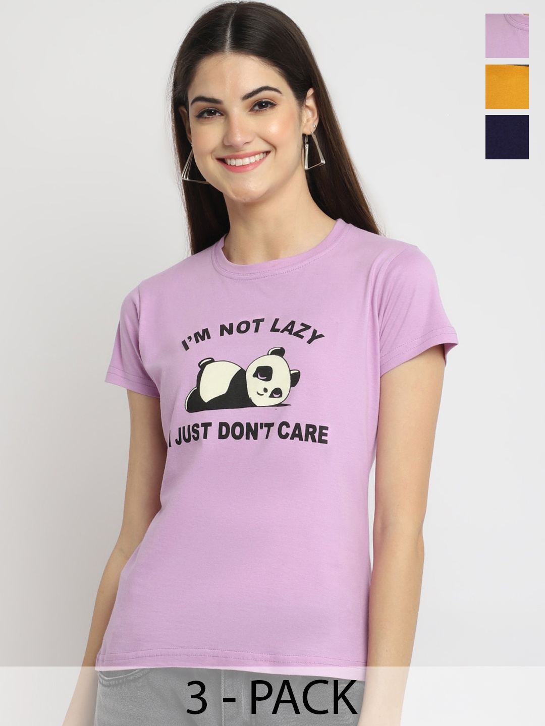 

Fabflee Pack Of 3 Typography Printed Cotton T-shirt, Lavender